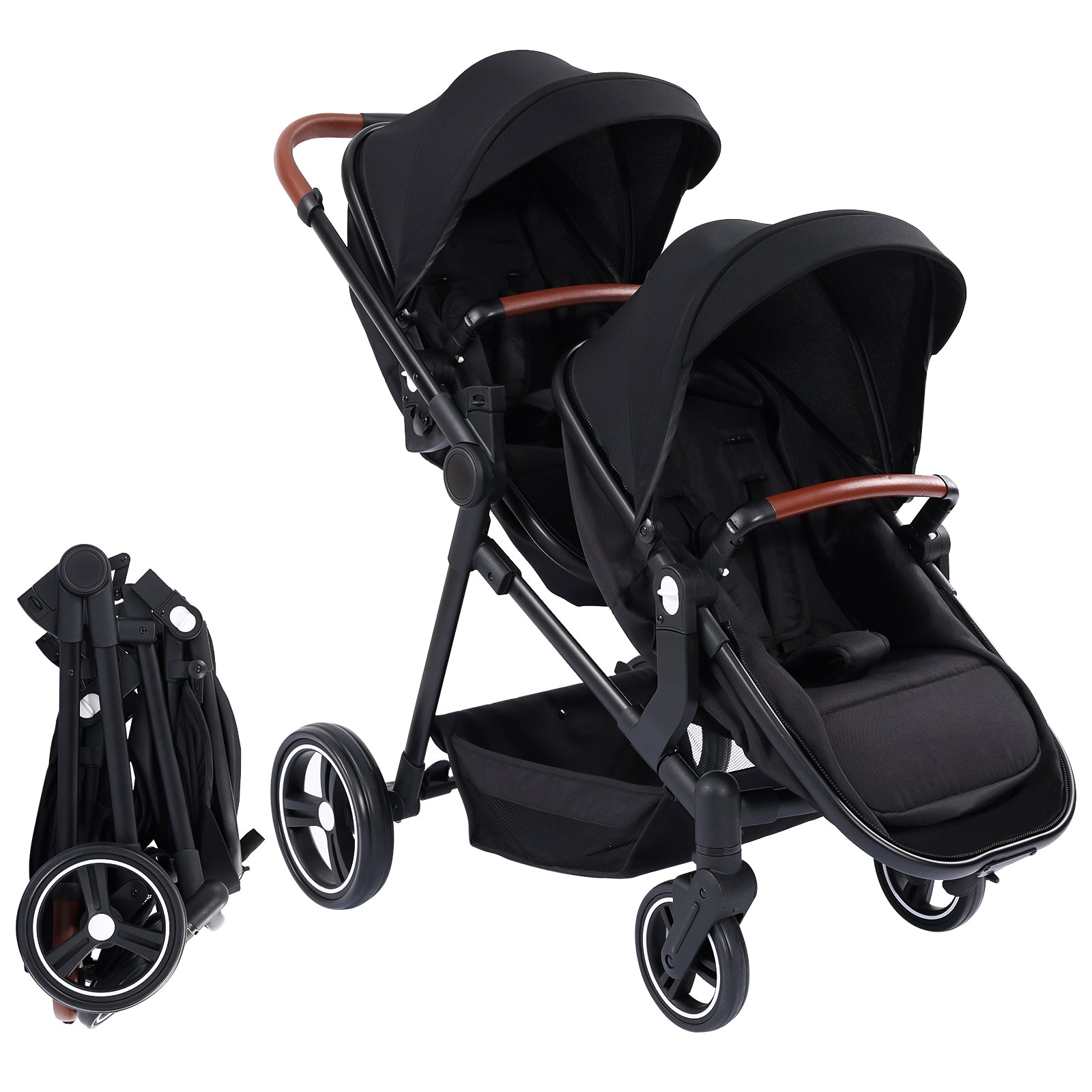 Garvee Foldable Double Baby Stroller in Multi-Position Reversible Design with Adjustable Backrest, Storage Basket and Canopy for Infant and Toddler, Black