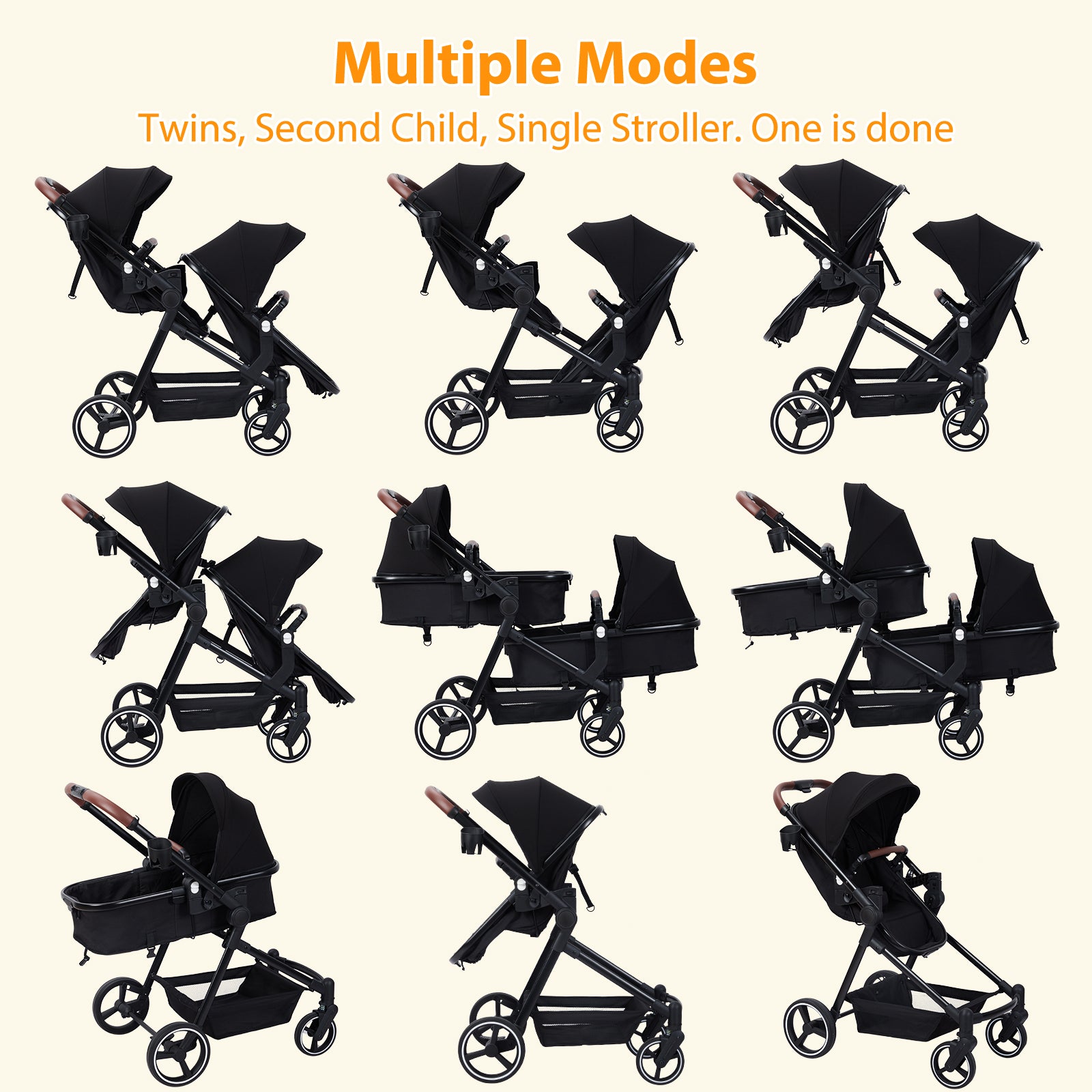 Garvee Foldable Double Baby Stroller in Multi-Position Reversible Design with Adjustable Backrest, Storage Basket and Canopy for Infant and Toddler, Black