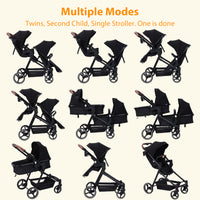 Garvee Foldable Double Baby Stroller in Multi-Position Reversible Design with Adjustable Backrest, Storage Basket and Canopy for Infant and Toddler, Black