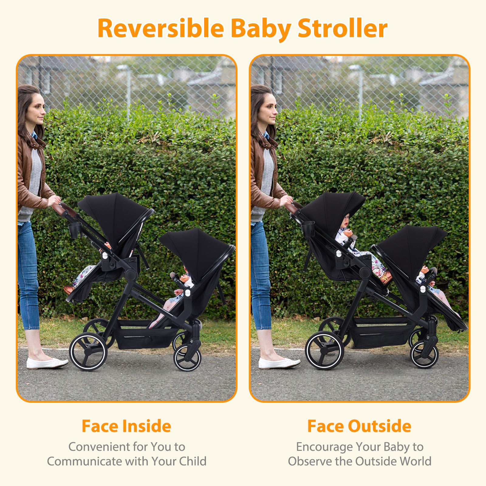 Garvee Foldable Double Baby Stroller in Multi-Position Reversible Design with Adjustable Backrest, Storage Basket and Canopy for Infant and Toddler, Black
