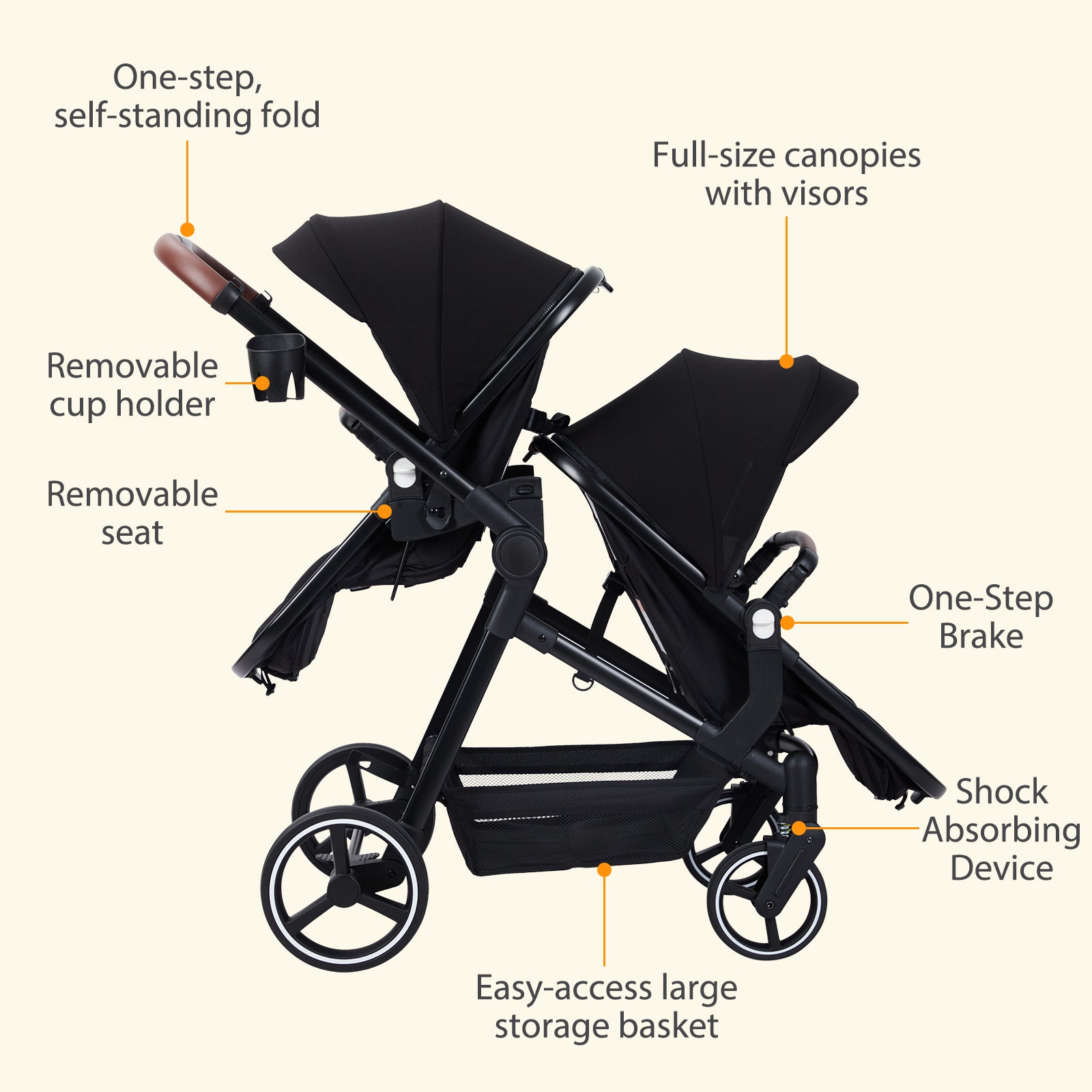 Garvee Foldable Double Baby Stroller in Multi-Position Reversible Design with Adjustable Backrest, Storage Basket and Canopy for Infant and Toddler, Black