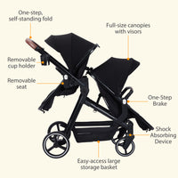 Garvee Foldable Double Baby Stroller in Multi-Position Reversible Design with Adjustable Backrest, Storage Basket and Canopy for Infant and Toddler, Black