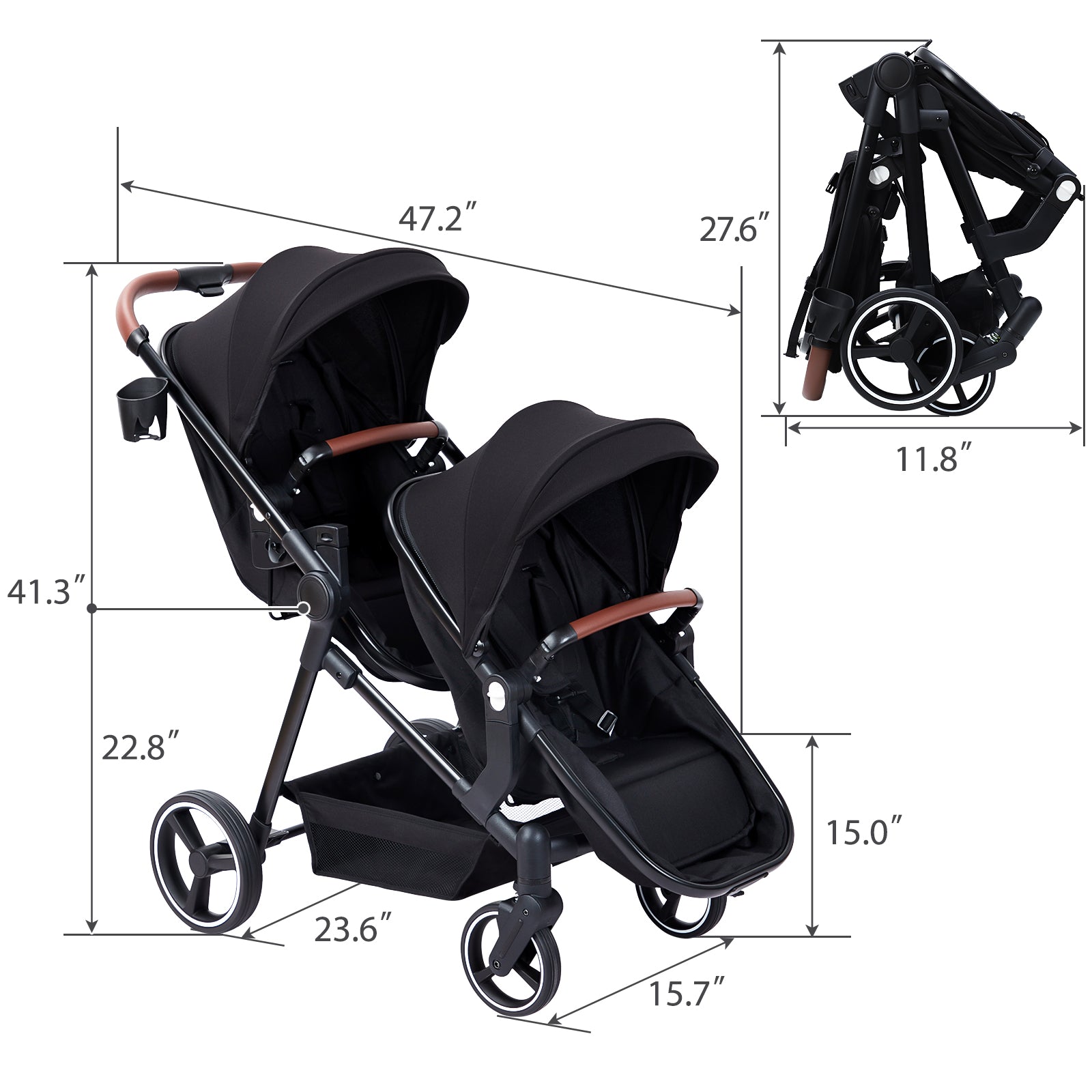 Garvee Foldable Double Baby Stroller in Multi-Position Reversible Design with Adjustable Backrest, Storage Basket and Canopy for Infant and Toddler, Black