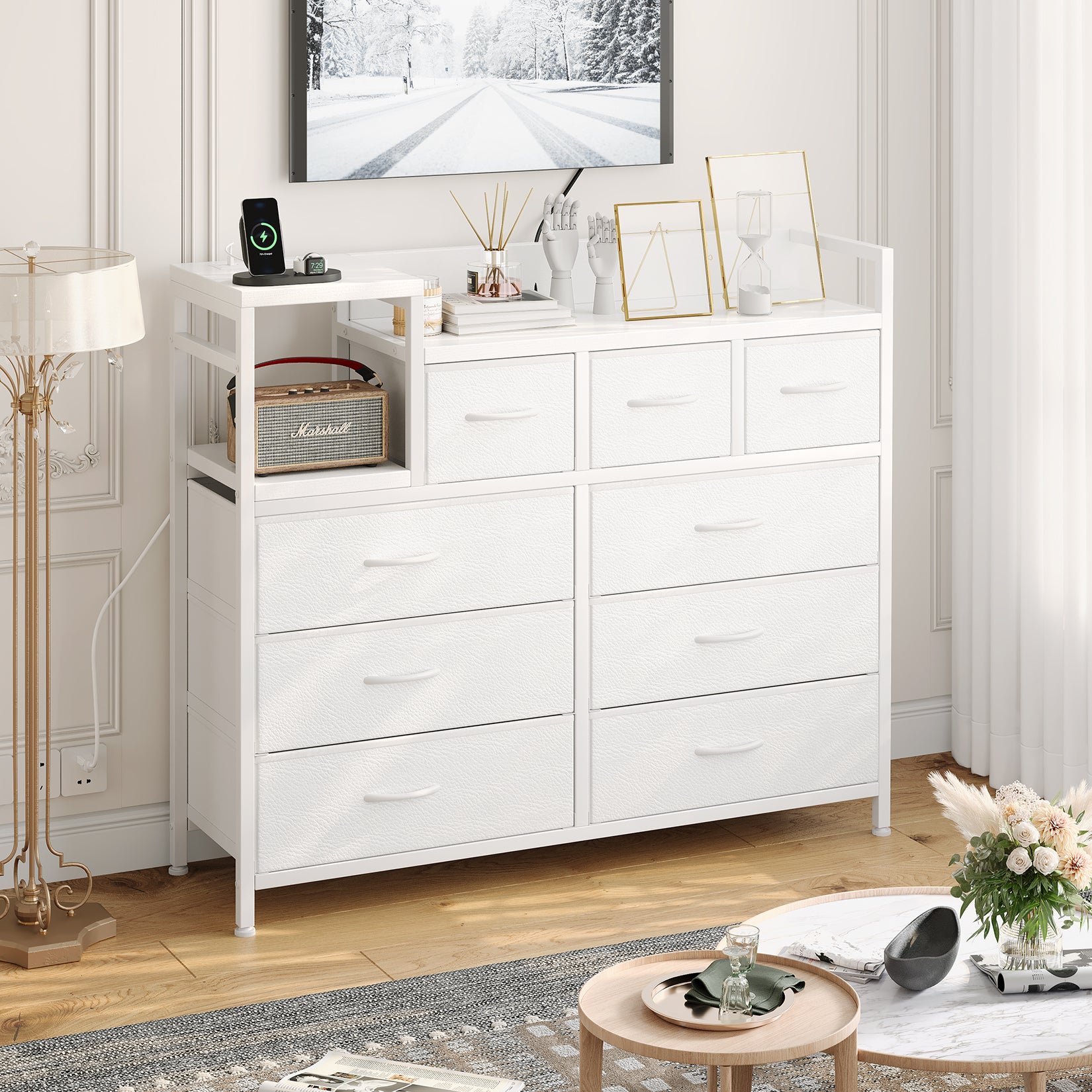 Garvee TV Stand with Charging Station, Bedroom Dresser for Living Room TV Stand with 9 Drawers, White