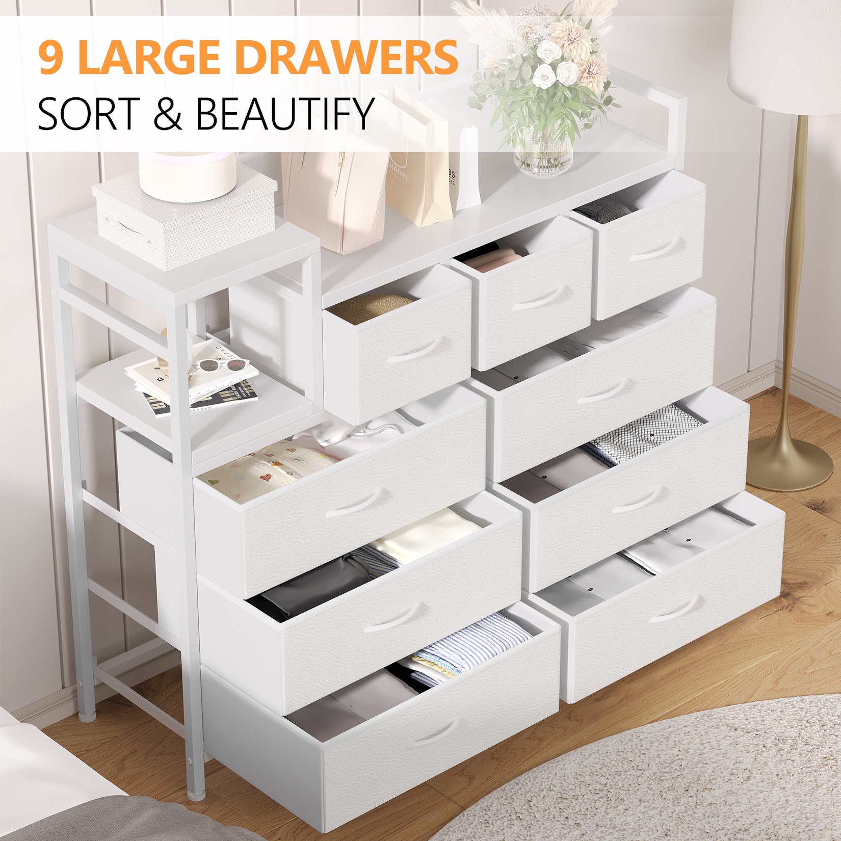 Garvee TV Stand with Charging Station, Bedroom Dresser for Living Room TV Stand with 9 Drawers, White