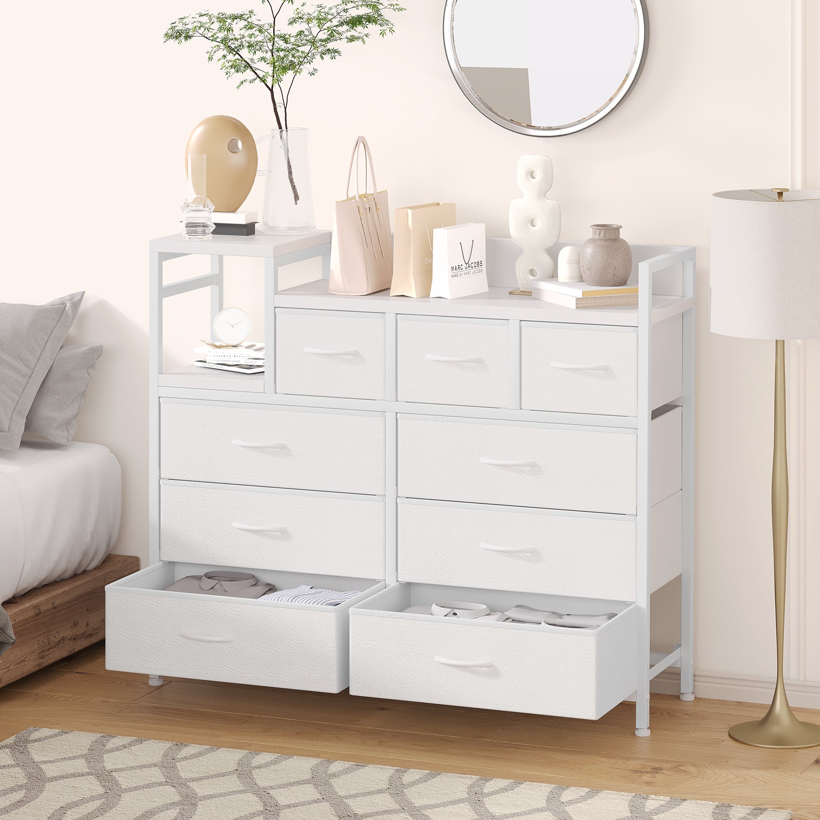 Garvee TV Stand with Charging Station, Bedroom Dresser for Living Room TV Stand with 9 Drawers, White