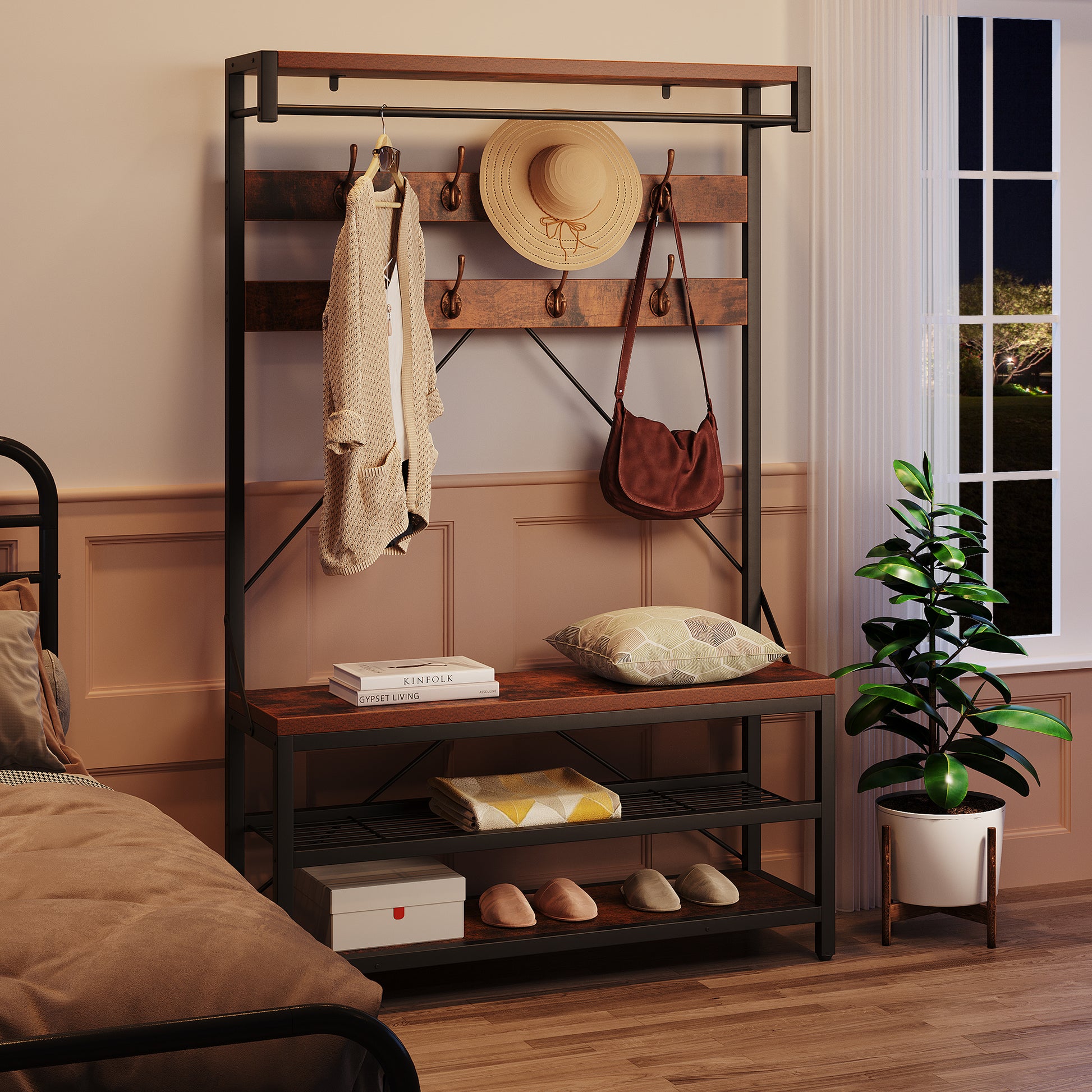 Garvee Industrial Hall Tree Storage Shoe Bench, 72" Mudroom Hall Tree with 8 Hanging Hooks, Shoe Rack, Storage Shelf Hanging Bar, Coat Rack Shoe Bench for Entryway, Brown