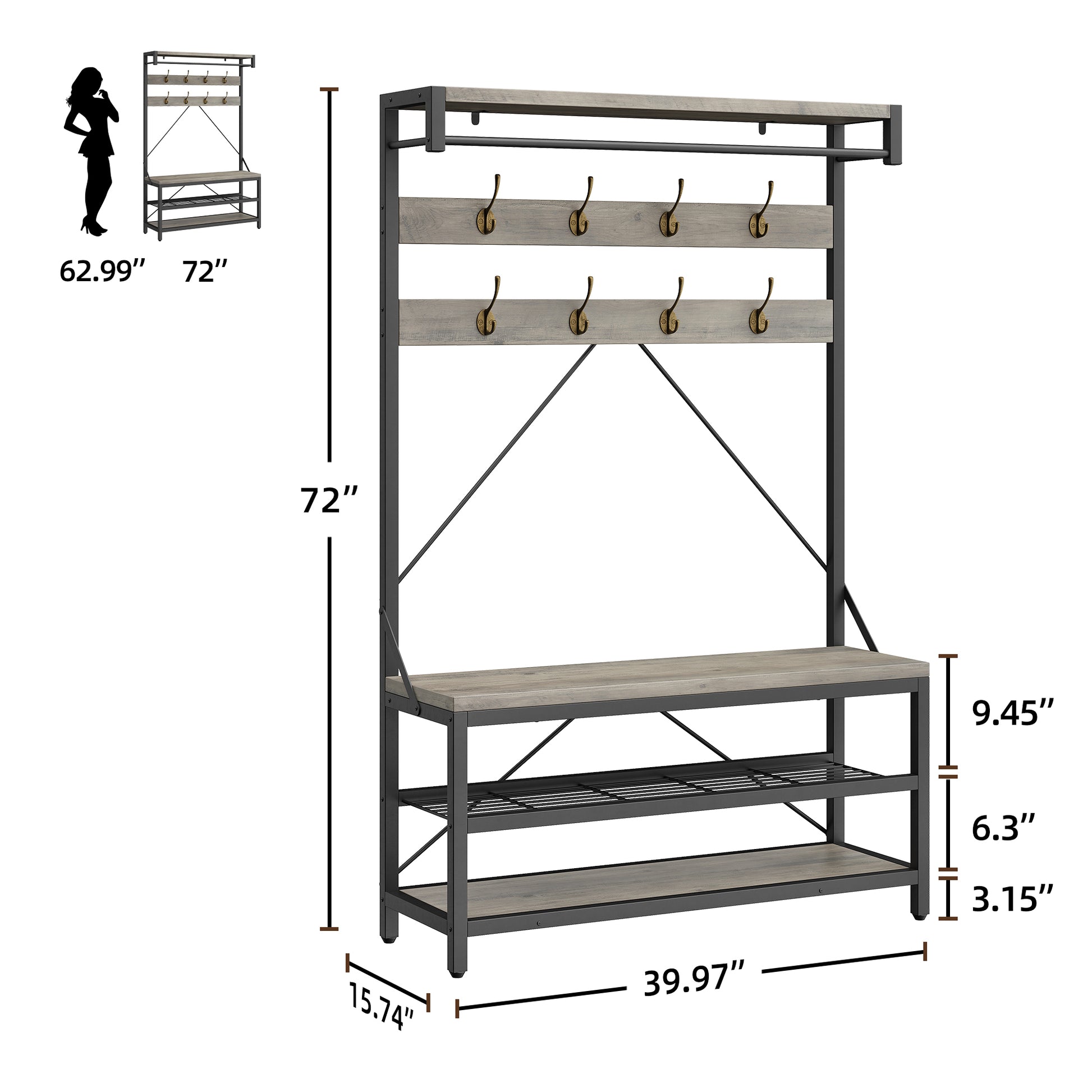 Garvee Industrial Hall Tree Storage Shoe Bench, 72" Mudroom Hall Tree with 8 Hanging Hooks, Shoe Rack, Storage Shelf Hanging Bar, Coat Rack Shoe Bench for Entryway, Grey