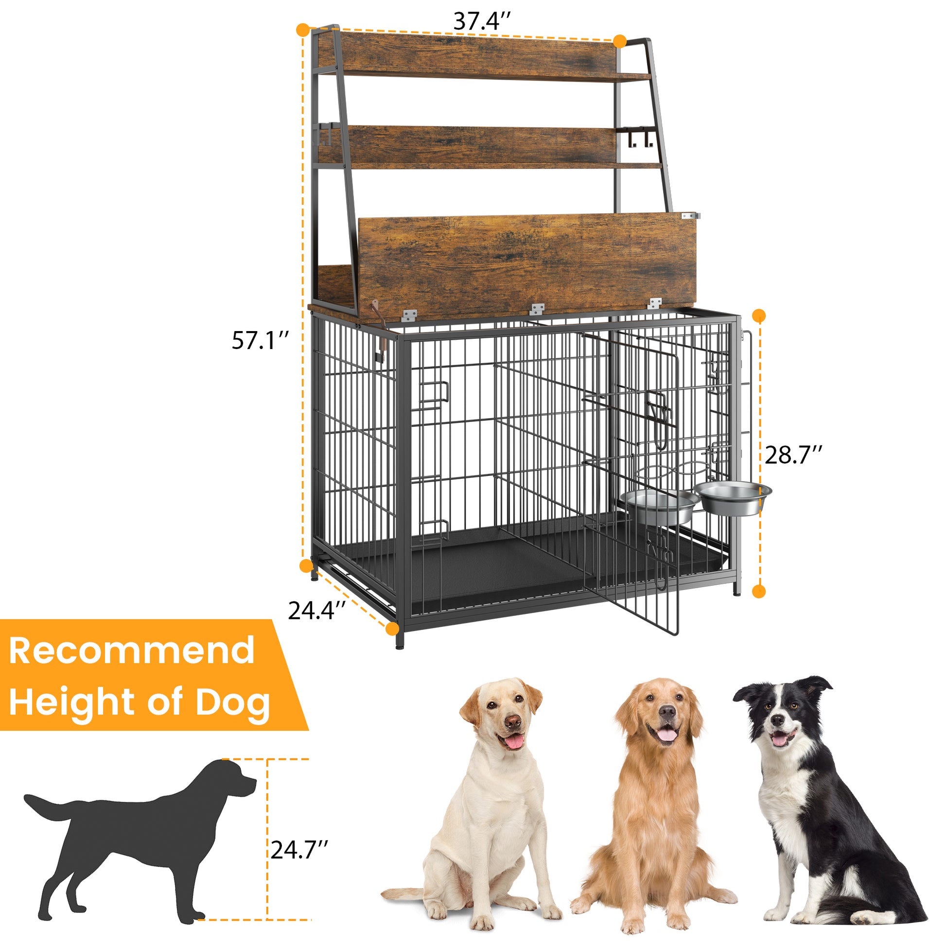 Garvee Wooden Dog Crate Furniture with Storage Shelves, Removable Tray, Double Doors, Adjustable Bowls and Flip-up Top, Brown