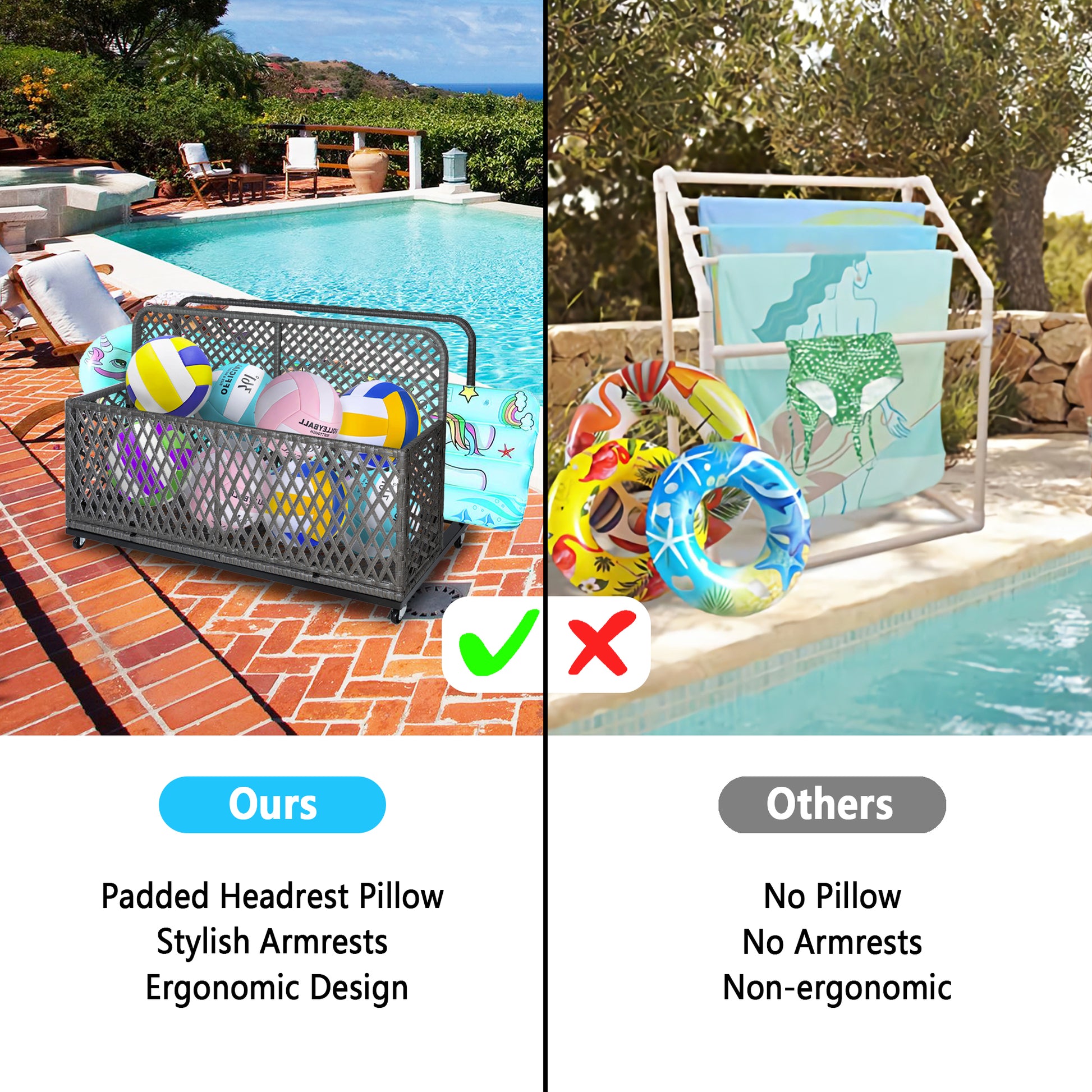 Garvee Outdoor Poolside Float Storage Box - PE Rattan Patio Basket with Rolling Wheels for Floaties, Pool & Beach, Sturdy & Movable, Diamond Grey
