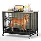 Garvee Dog Crate Furniture, 32.5" Wooden Dog Kennel Furniture Style Dog Crate with Removable Tray and Wheels, Heavy-Duty Double-Doors Dog Cage End Table, Indoor Dog House for Large Dogs, Grey - Grey