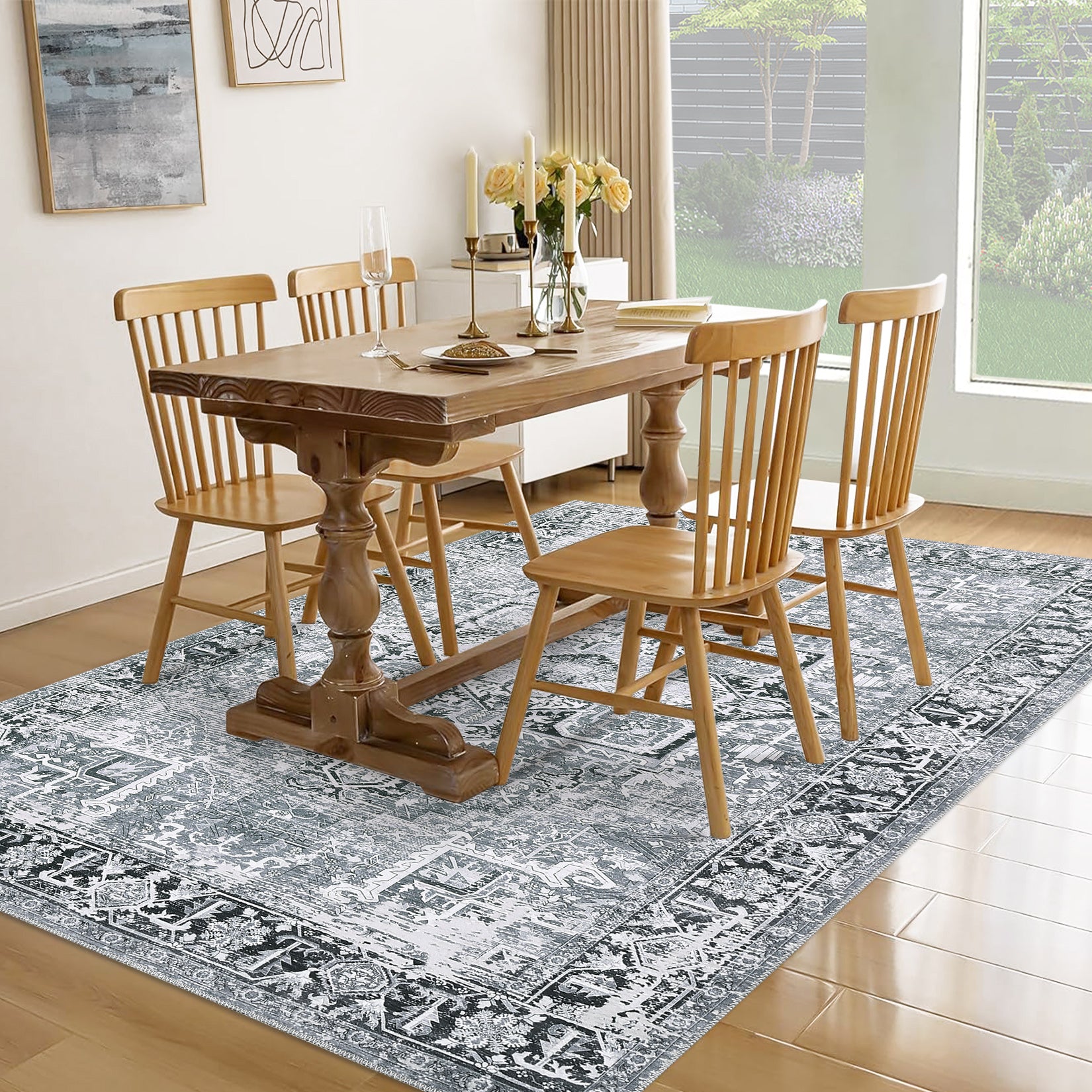 Garvee Machine Washable Rug 9x12 Vintage Design Area Rugs with Non Slip Rugs for Living Room Bedroom Floral Print Rug Carpet Stain Resistant, Grey