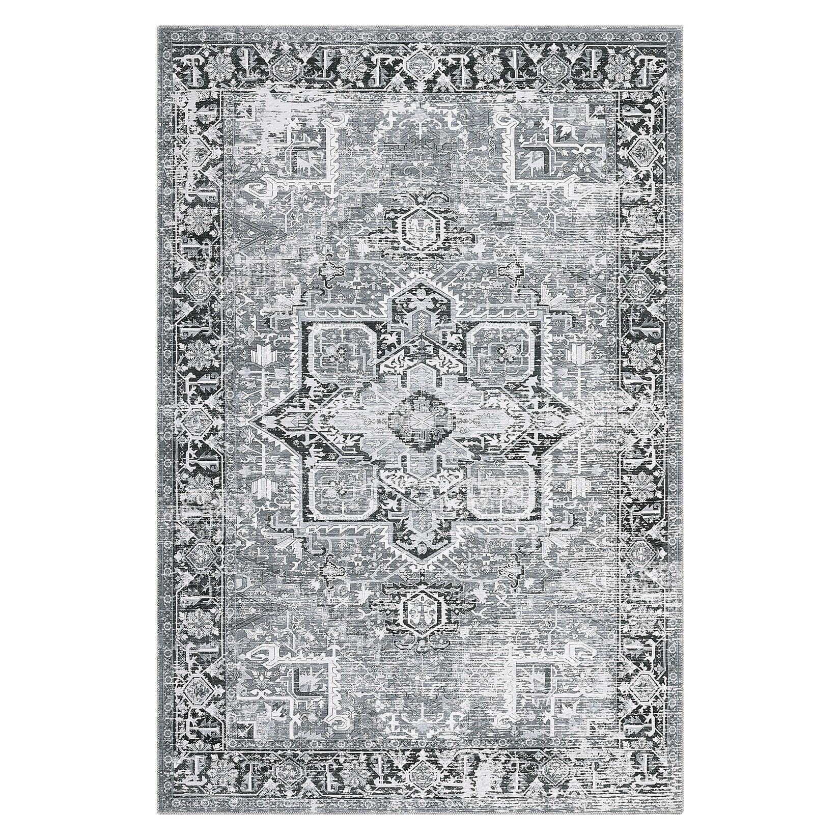 Garvee Machine Washable Rug 6x9 Vintage Design Area Rugs with Non Slip Rugs for Living Room Bedroom Floral Print Rug Carpet Stain Resistant, Grey