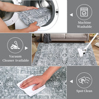 Garvee Machine Washable Rug 6x9 Vintage Design Area Rugs with Non Slip Rugs for Living Room Bedroom Floral Print Rug Carpet Stain Resistant, Grey