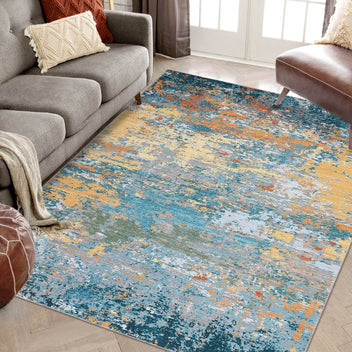 Garvee Gold Blue 9x12 Area Rug Washable Rugs for Living Room Modern Neutral Abstract Aesthetic Rug for Bedroom Dining Room Under Table Non-Shedding Large Area Rug Lightweight Foldable Accent Rug