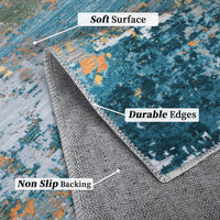 Garvee Gold Blue 9x12 Area Rug Washable Rugs for Living Room Modern Neutral Abstract Aesthetic Rug for Bedroom Dining Room Under Table Non-Shedding Large Area Rug Lightweight Foldable Accent Rug