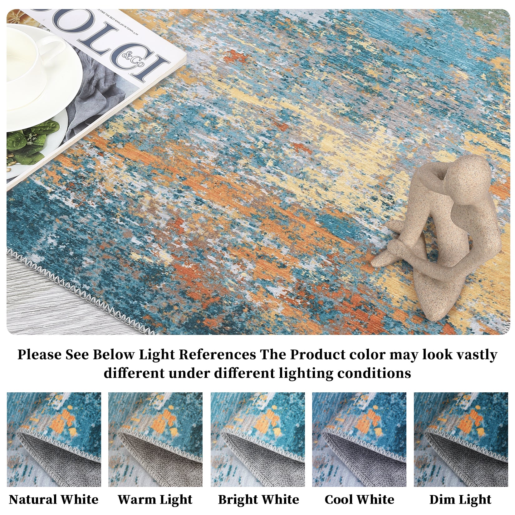 Garvee Gold Blue 9x12 Area Rug Washable Rugs for Living Room Modern Neutral Abstract Aesthetic Rug for Bedroom Dining Room Under Table Non-Shedding Large Area Rug Lightweight Foldable Accent Rug