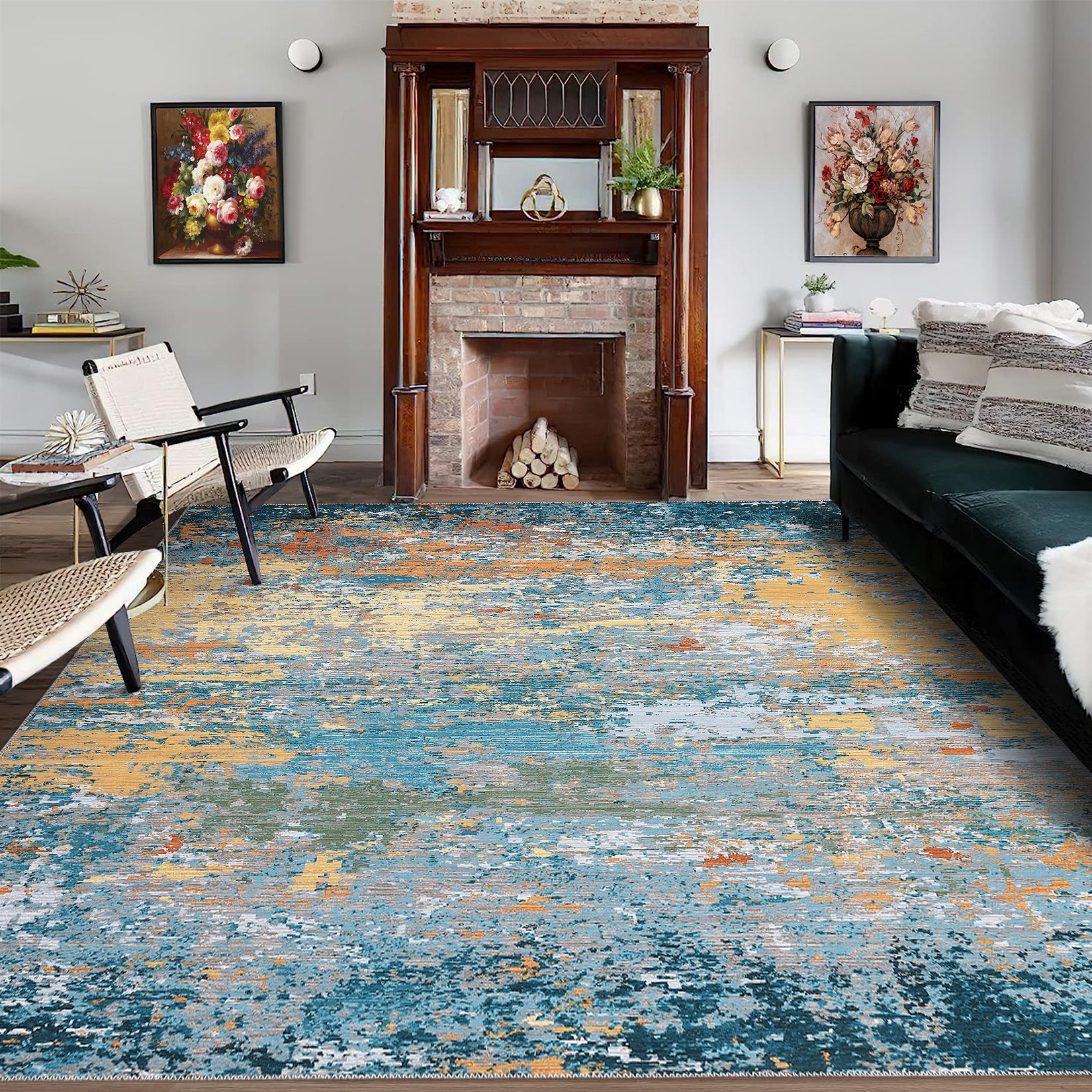 Garvee Gold Blue 9x12 Area Rug Washable Rugs for Living Room Modern Neutral Abstract Aesthetic Rug for Bedroom Dining Room Under Table Non-Shedding Large Area Rug Lightweight Foldable Accent Rug