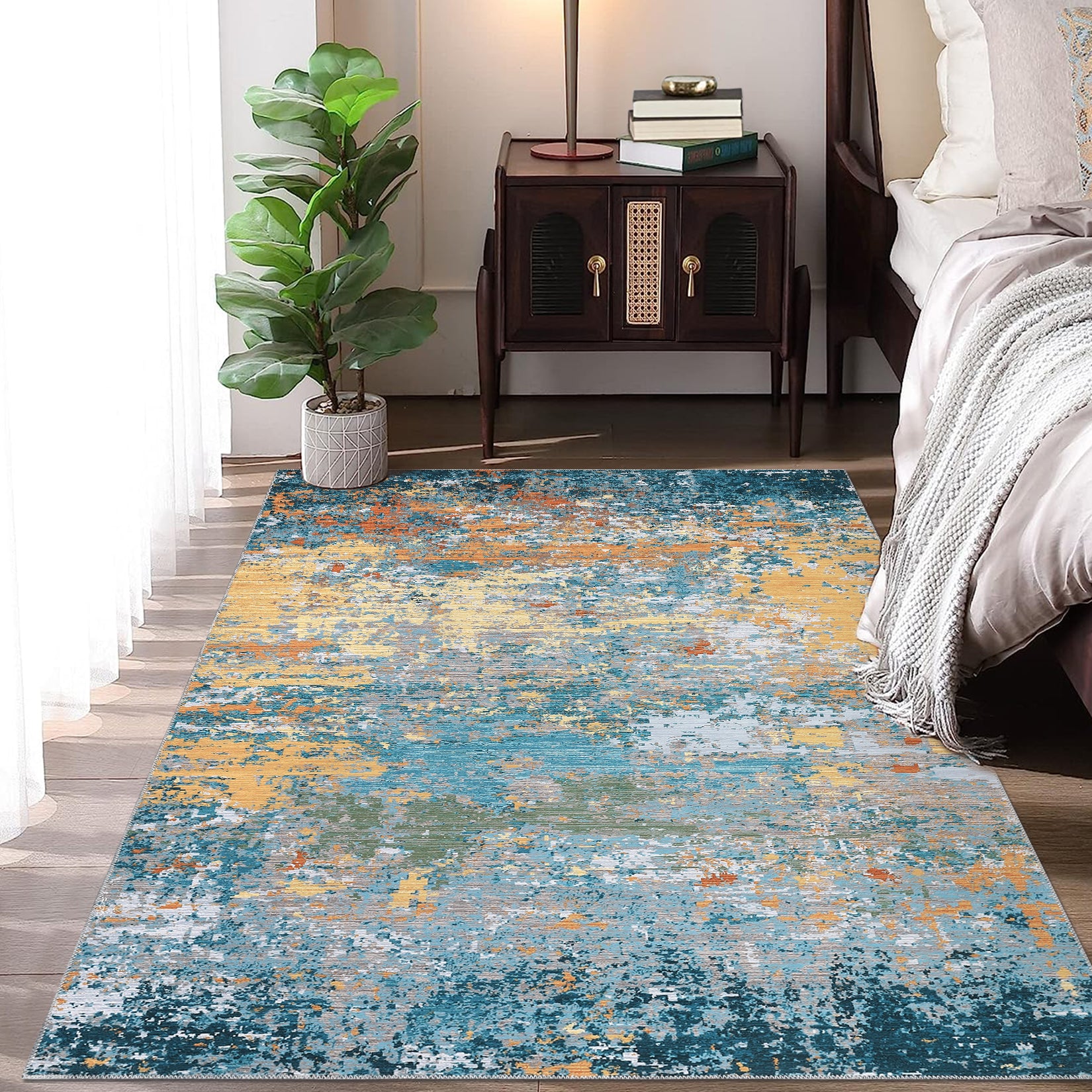 Garvee Gold Blue 9x12 Area Rug Washable Rugs for Living Room Modern Neutral Abstract Aesthetic Rug for Bedroom Dining Room Under Table Non-Shedding Large Area Rug Lightweight Foldable Accent Rug