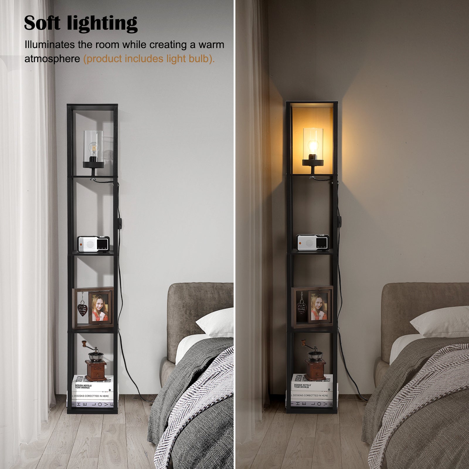 Garvee Floor Lamp with Shelves, 4-Tier Modern Shelf Floor Lamp with Warm White LED Bulb, Display Lamp for Living Room, Bedroom and Office - Black