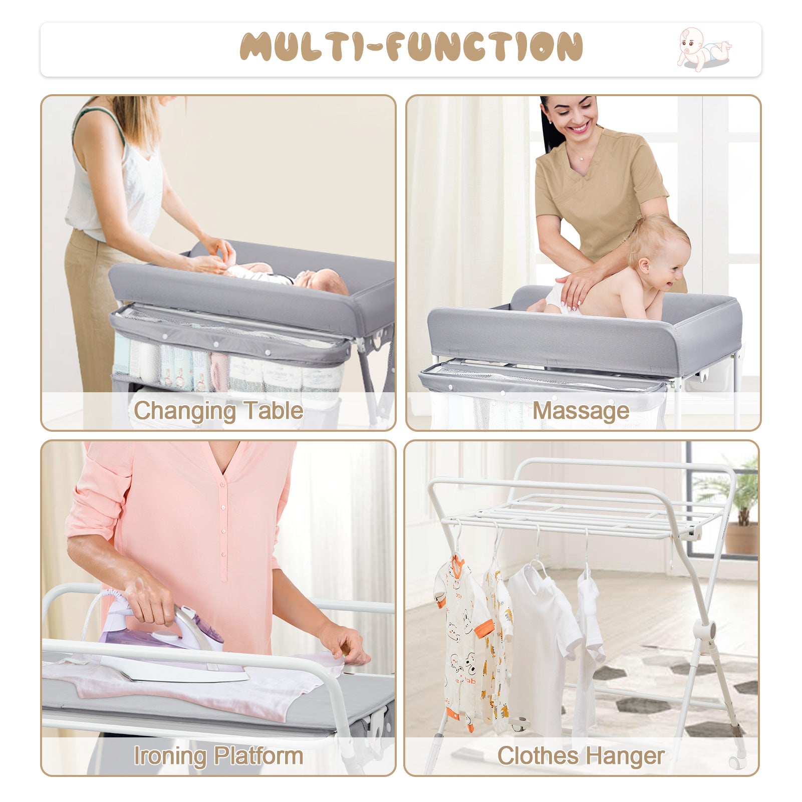 Garvee Portable Baby Changing Table, Garvee Foldable Diaper Change Table with Wheels, Adjustable Height, Cleaning Bucket, Changing Station for Infant Mobile Nursery Organizer for Newborn