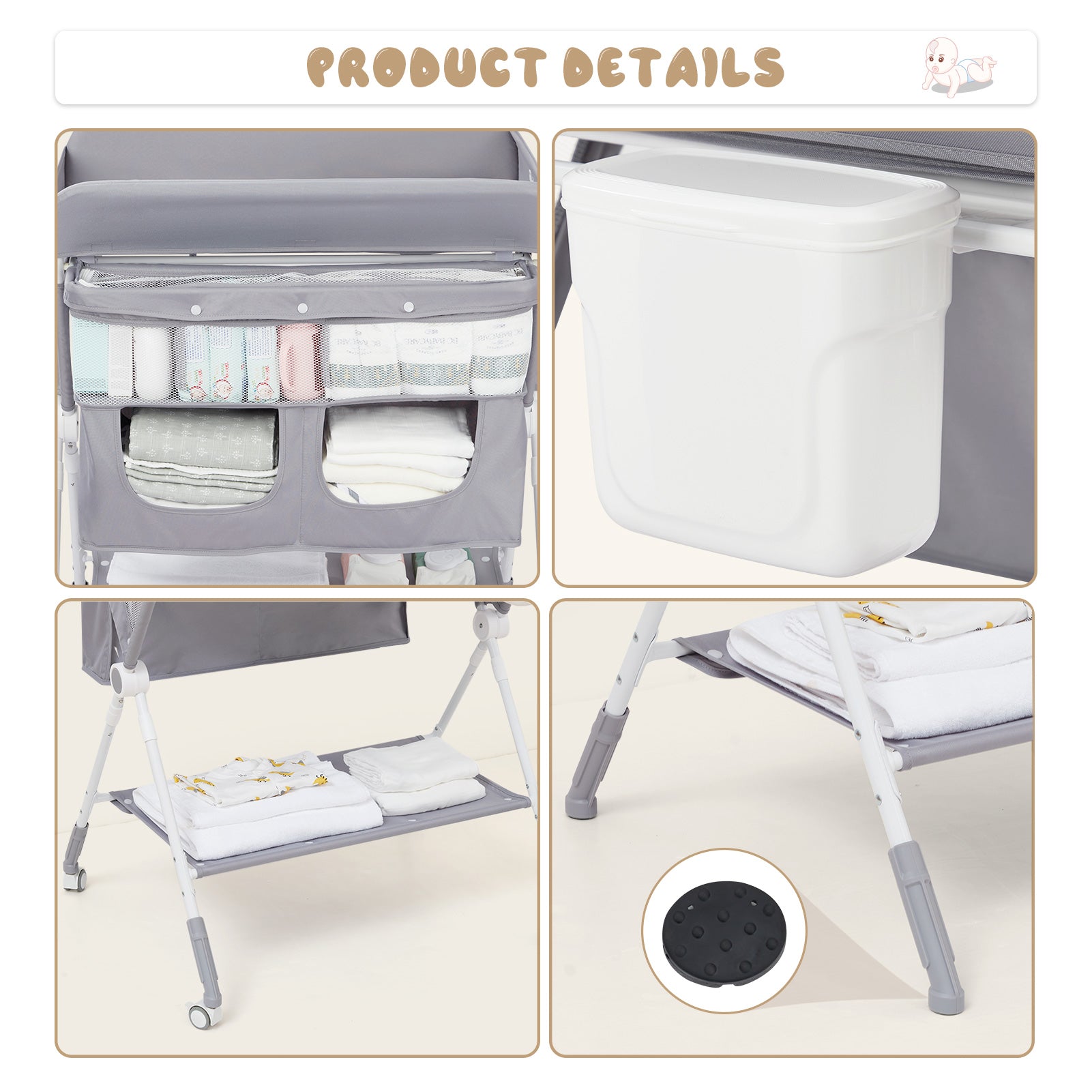 Garvee Portable Baby Changing Table, Garvee Foldable Diaper Change Table with Wheels, Adjustable Height, Cleaning Bucket, Changing Station for Infant Mobile Nursery Organizer for Newborn