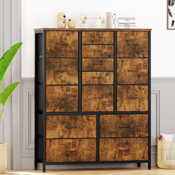 Garvee 15 Drawer Dresser for Bedroom, Tall Storage Organizer with Fabric, Metal Frame, Wood Top, Side Pockets & Hooks, Easy Assembly(Brown)