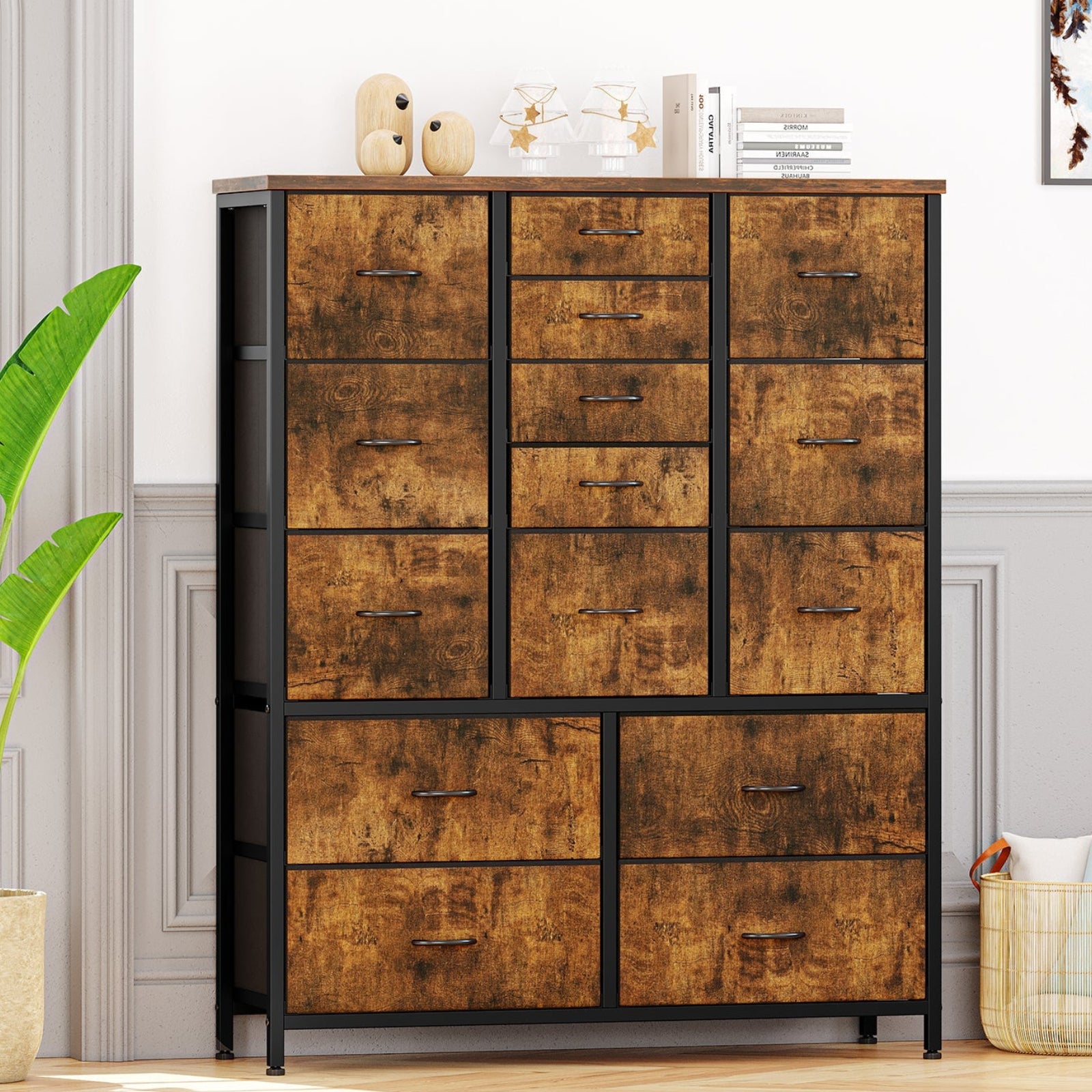Garvee 15 Drawer Dresser for Bedroom, Tall Storage Organizer with Fabric, Metal Frame, Wood Top, Side Pockets & Hooks, Easy Assembly(Brown)