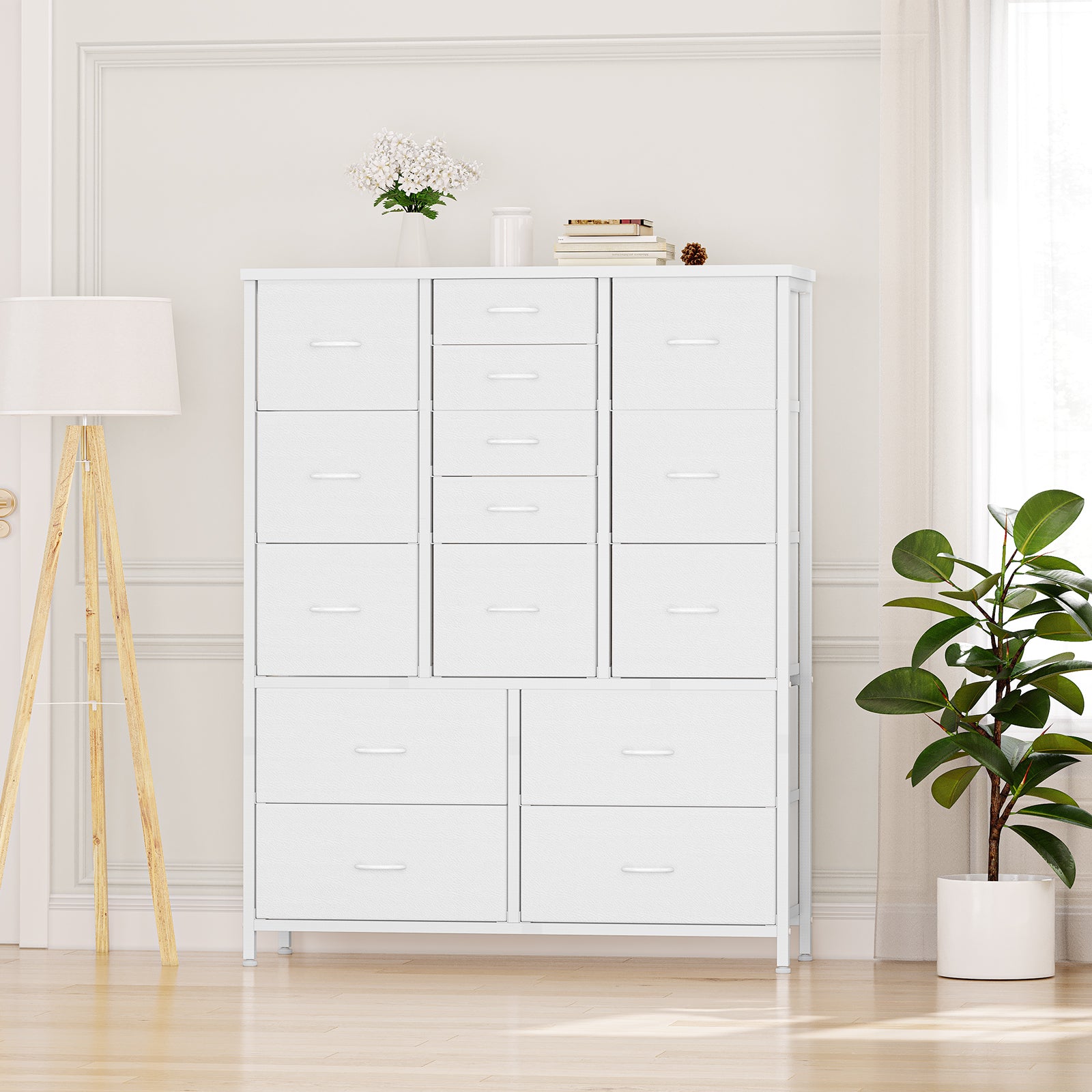 Garvee 15 Drawer Dresser for Bedroom, Tall Storage Organizer with Fabric, Metal Frame, Wood Top, Side Pockets & Hooks, Easy Assembly