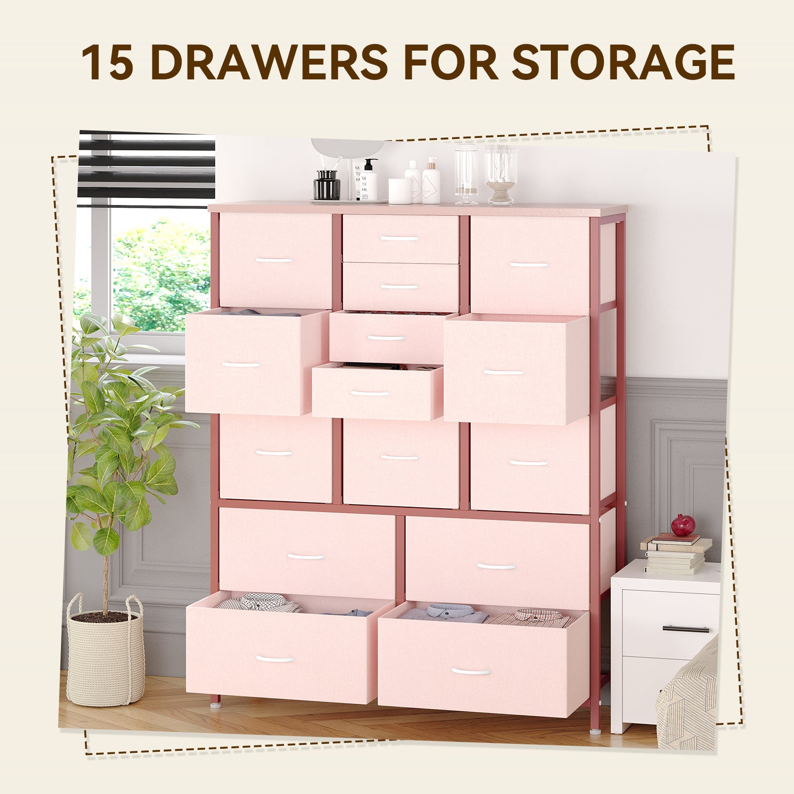 Garvee 15 Drawer Dresser for Bedroom, Tall Storage Organizer with Fabric, Metal Frame, Wood Top, Side Pockets & Hooks, Easy Assembly(Pink)