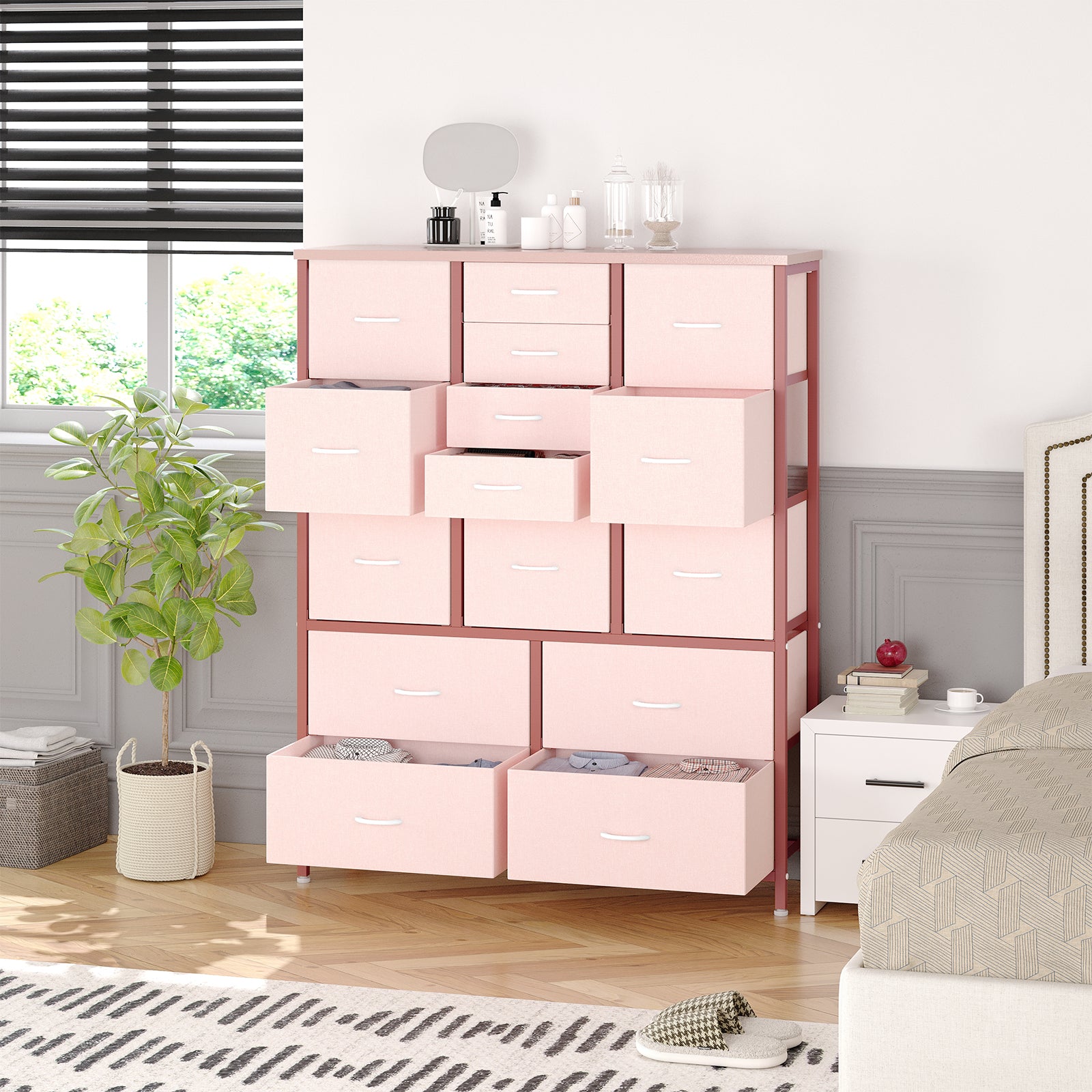 Garvee 15 Drawer Dresser for Bedroom, Tall Storage Organizer with Fabric, Metal Frame, Wood Top, Side Pockets & Hooks, Easy Assembly(Pink)