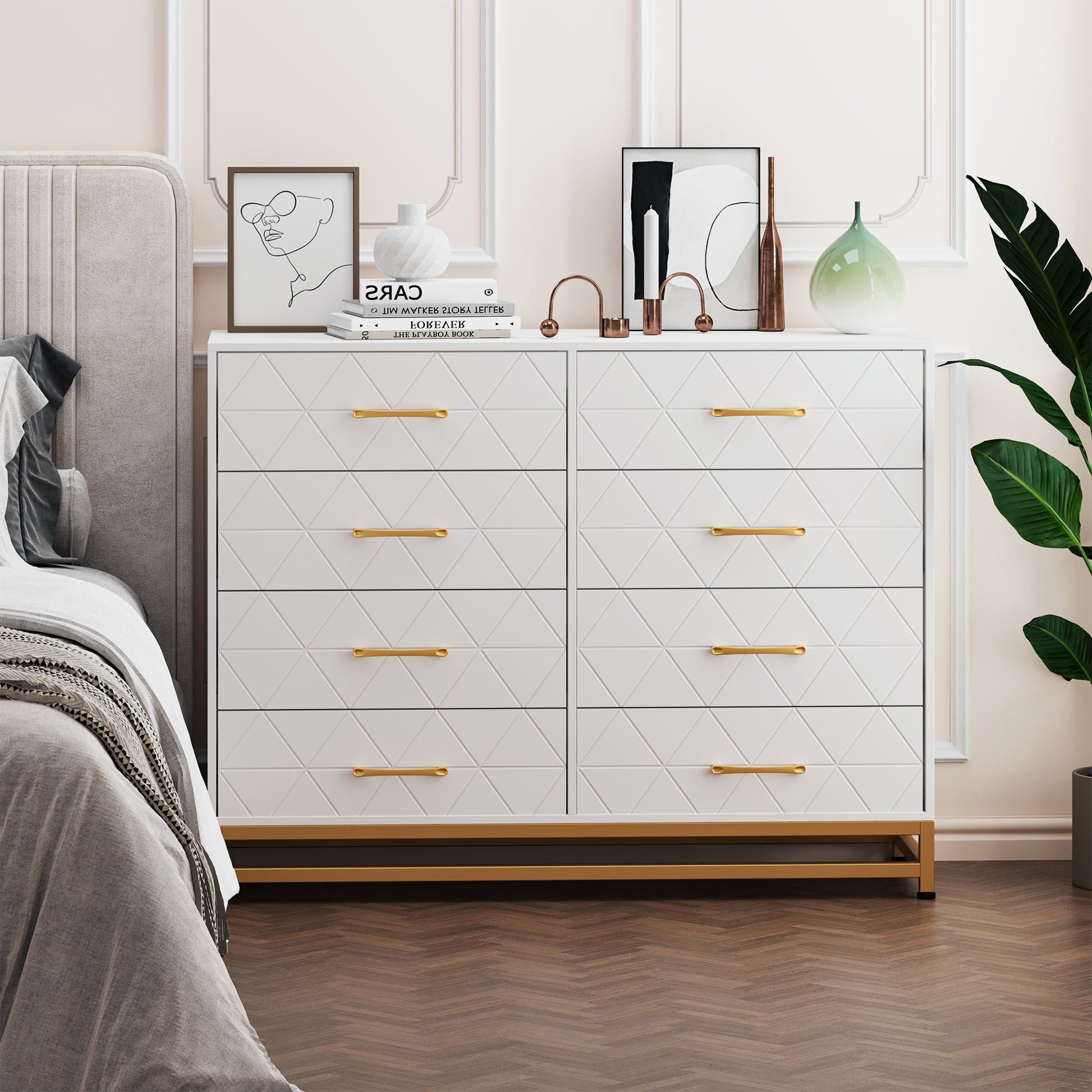 Garvee 8 Drawer Dresser, TV Stand Dressers Chest with Metal Handles, Wood Storage Dresser for Bedroom, Living Room, and Entryway, White
