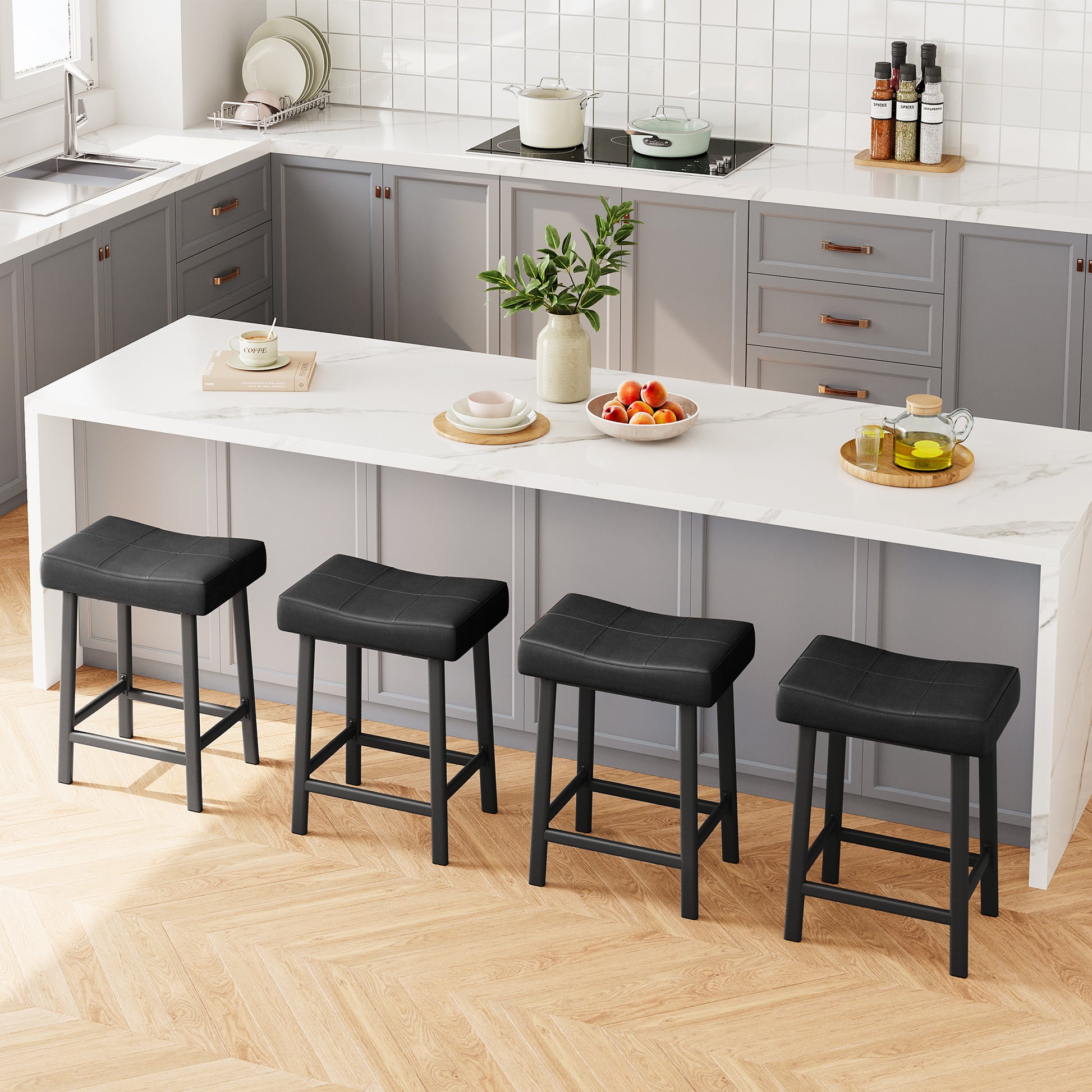 Garvee 24 Inch Backless Saddle Barstools Set of 4, Counter Height Upholstered Padded Barstools with Curved Surface, Metal Leg and Footrest, for Kitchen Counter, Home Bar (Black)