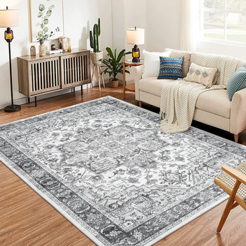 Garvee Area Rug for Living Room, 9x12 Machine Washable Vintage Rug Carpet for Bedroom Dinning Room, Distressed Area Rug Indoor Non Slip No Pile, Grey