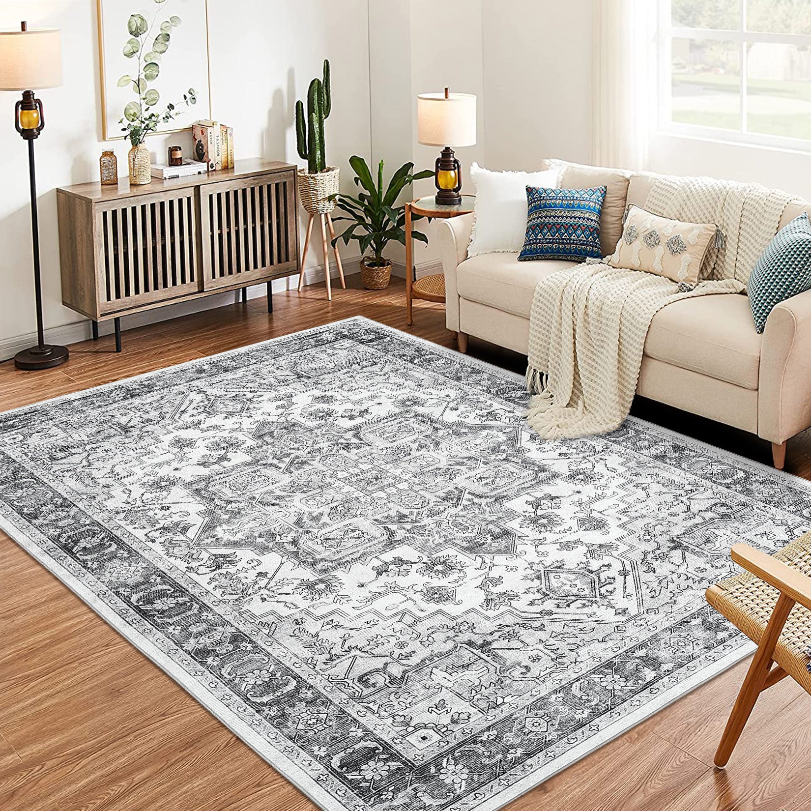 Garvee Area Rug for Living Room, 5x7 Machine Washable Vintage Rug Carpet for Bedroom Dinning Room, Distressed Area Rug Indoor Non Slip No Pile, Grey