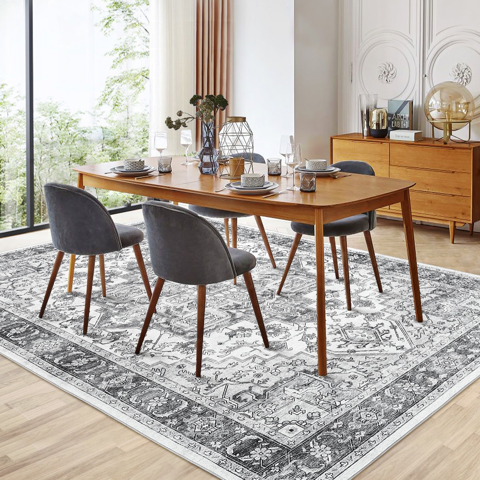 Garvee Area Rug for Living Room, 8x10 Machine Washable Vintage Rug Carpet for Bedroom Dinning Room, Distressed Area Rug Indoor Non Slip No Pile, Grey