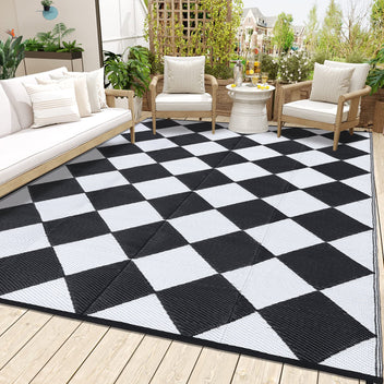 Garvee Outdoor Black & White 8x10 Plastic Straw Rug Waterproof Reversible Lightweight Durable Patio Mat with Corner Loops for Camping Beach Picnic