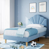 Garvee Twin Platform Bed Frame, Velvet Upholstered Platform Bed Frame with Height Adjustable Headboard, Strong Wood Slat Support, Solid and Stable, Easy to Assemble (Blue) - Blue