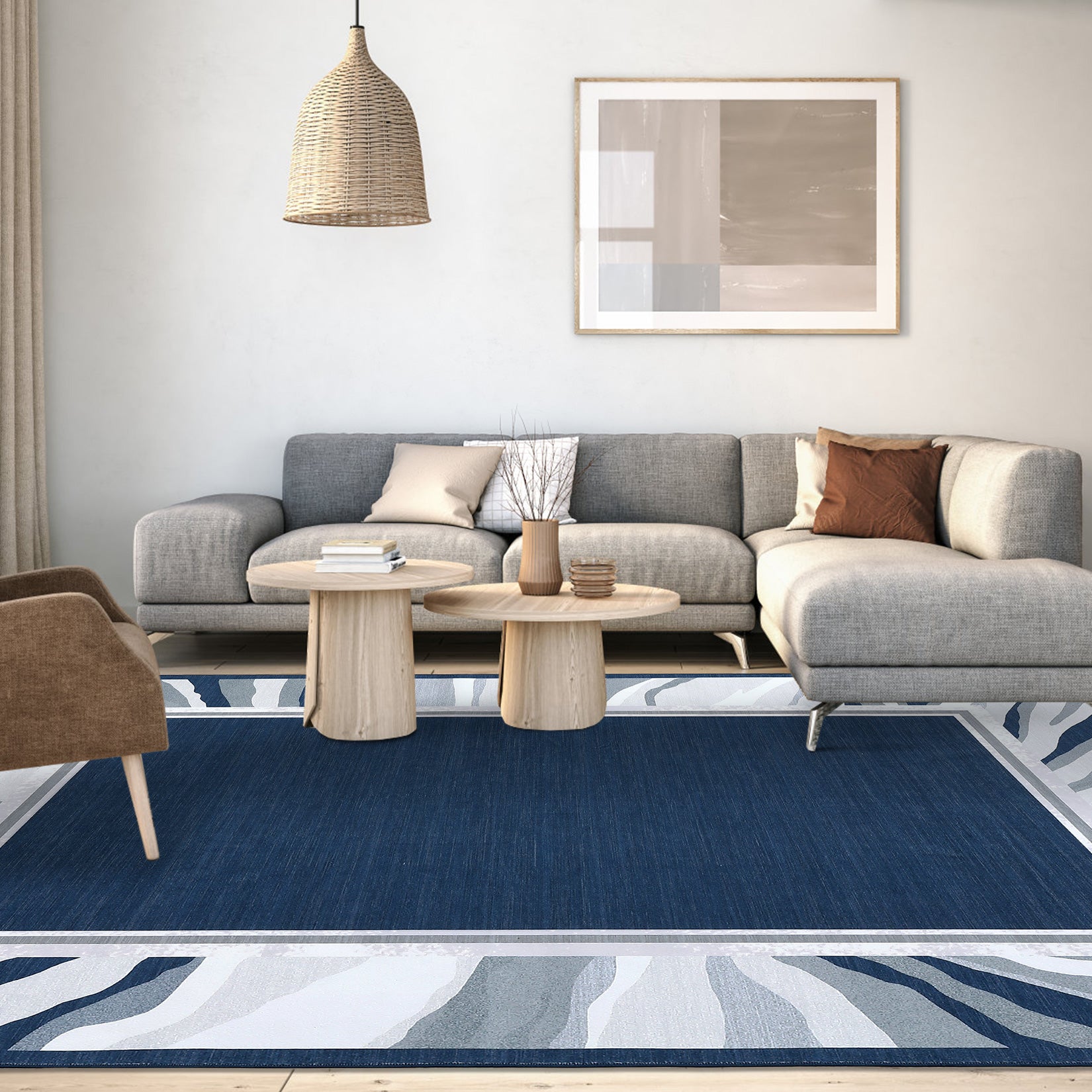 Garvee Modern Blue 9x12 Bordered Rug, Washable Low Pile Anti-Slip Carpet for Living Room & Bedroom | Foldable Indoor Office Use