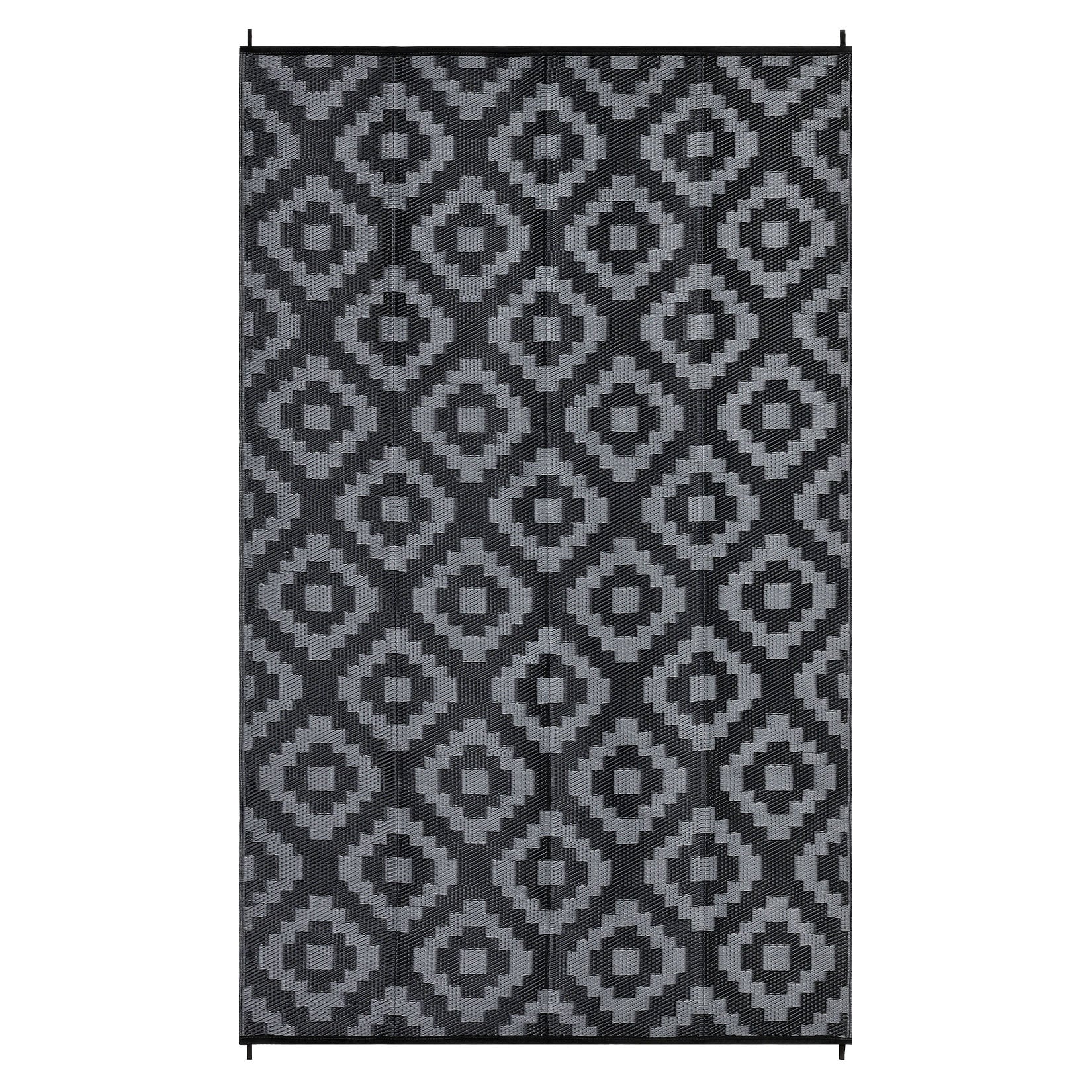 Garvee Outdoor Black & Grey 10x14 Rug Waterproof Reversible UV-Resistant Plastic Straw Rug with Carry Bag and Stakes for Camping Patio Deck
