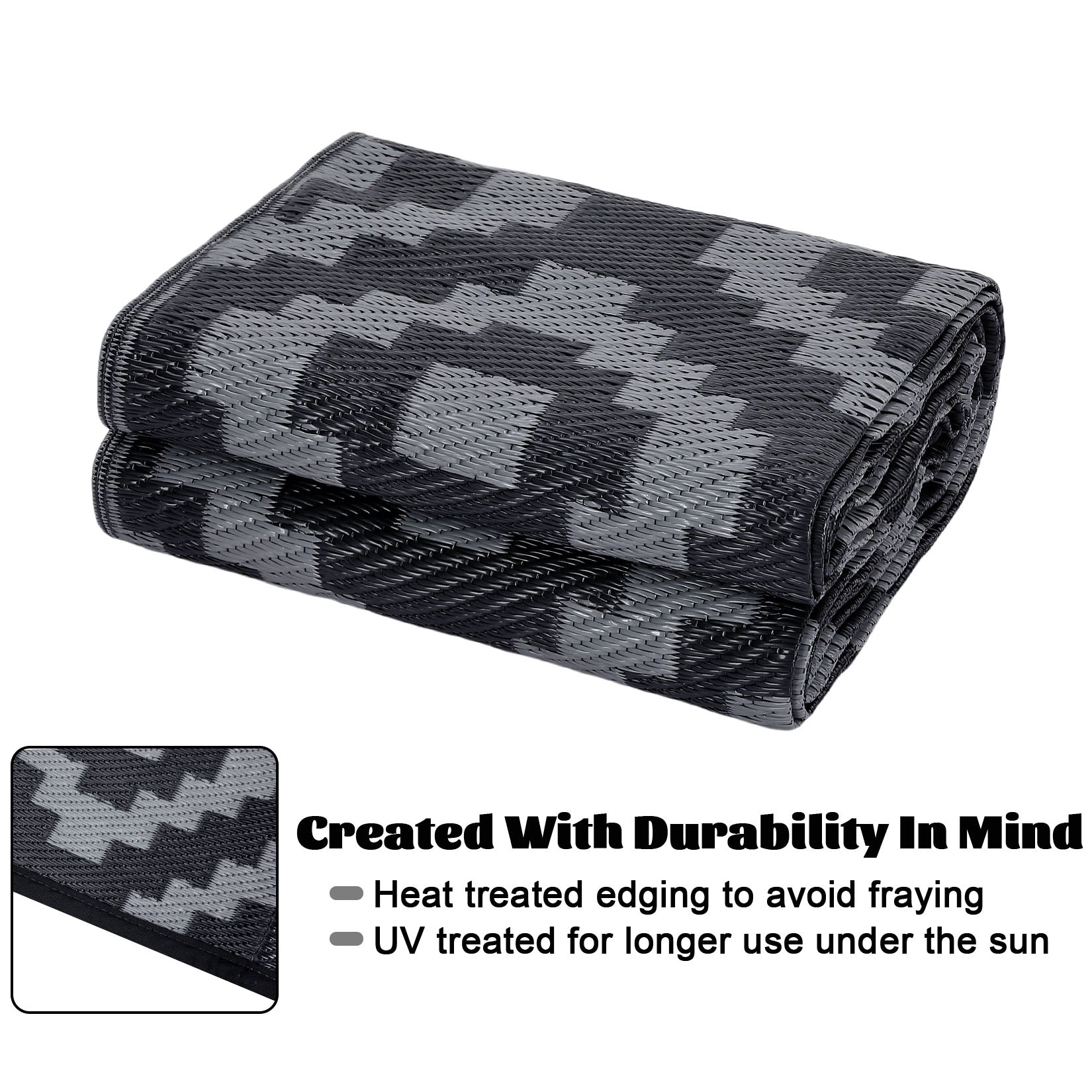Garvee Outdoor Black & Grey 9x12 Rug for Patios Reversible Mats Waterproof Plastic Straw Rug Modern Geometric Floor Mat for Patio Porch RV Backyard Pool Deck Picnic Beach Trailer Camping