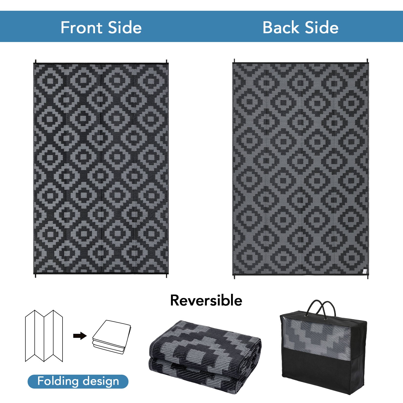 Garvee Outdoor Black & Grey 9x12 Rug for Patios Reversible Mats Waterproof Plastic Straw Rug Modern Geometric Floor Mat for Patio Porch RV Backyard Pool Deck Picnic Beach Trailer Camping