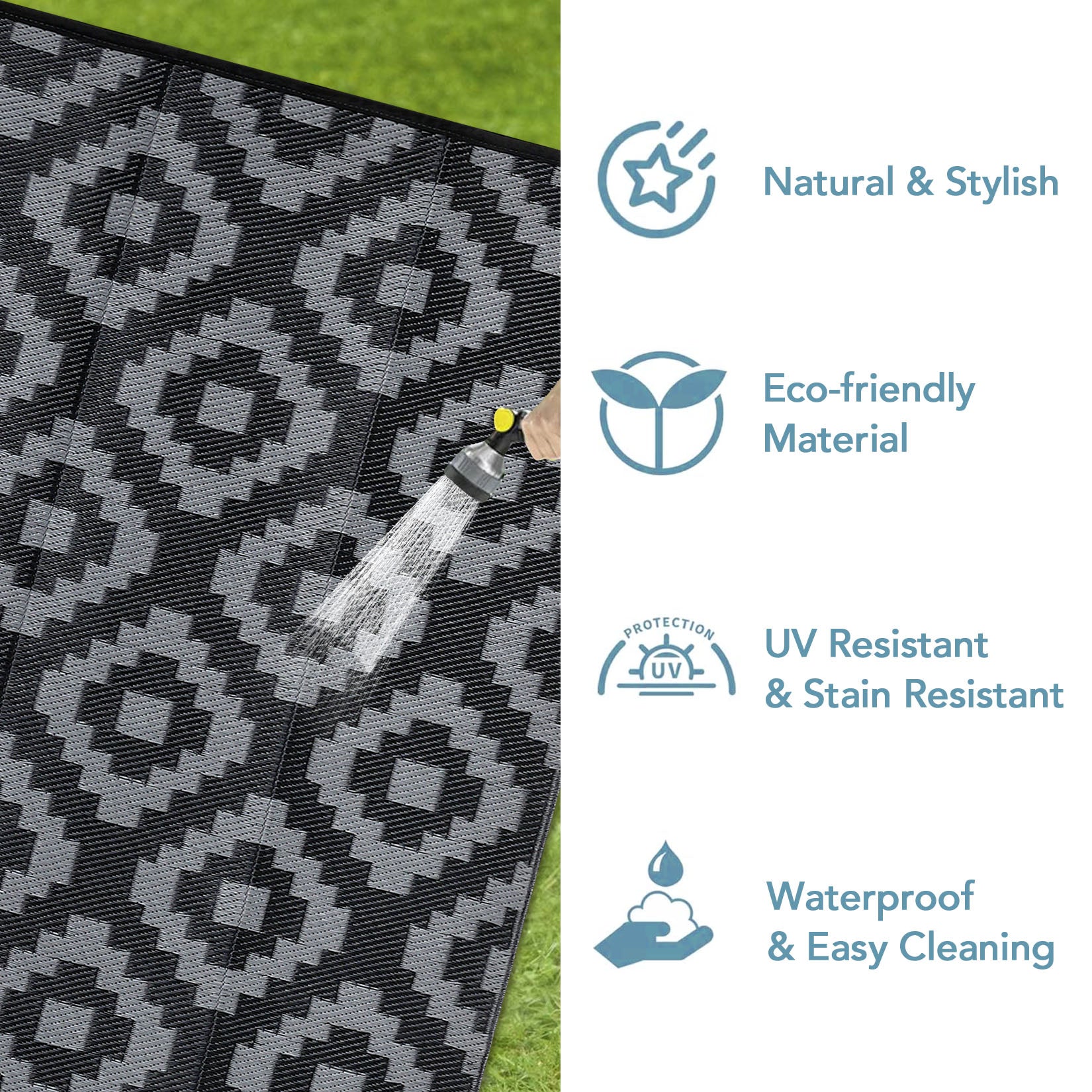 Garvee Outdoor Black & Grey 5x8 Reversible Plastic Straw Rug – Waterproof Modern Rug for Patio, RV, Backyard, Deck, Picnic, Beach, Camping, or Indoor Use