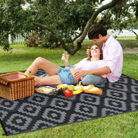 Garvee Outdoor Black & Grey 9x12 Rug for Patios Reversible Mats Waterproof Plastic Straw Rug Modern Geometric Floor Mat for Patio Porch RV Backyard Pool Deck Picnic Beach Trailer Camping