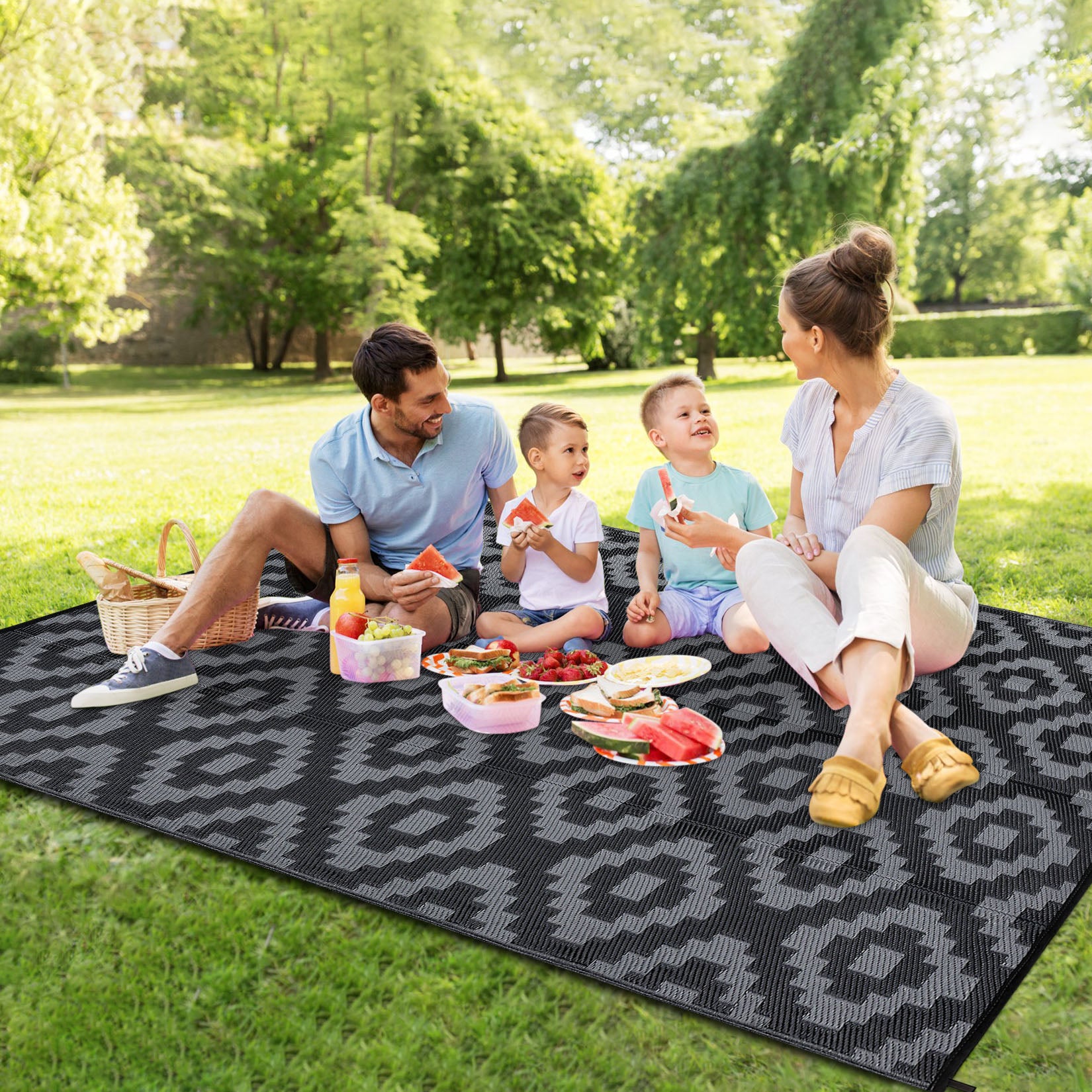 Garvee Outdoor Black & Grey 9x18 Rug for Patios Waterproof Reversible Mats Plastic Straw Rug Modern Geometric Floor Mat for Patio Porch RV Backyard Pool Deck Picnic Beach Trailer Camping Diamond