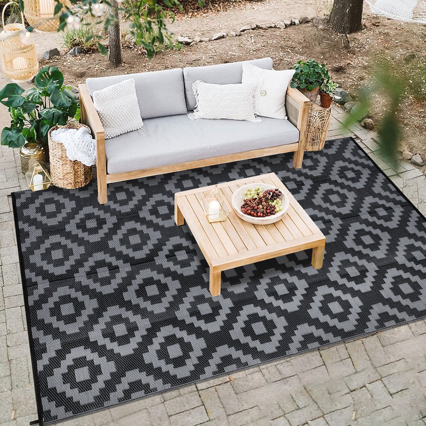 Garvee Outdoor Black & Grey 9x18 Rug for Patios Waterproof Reversible Mats Plastic Straw Rug Modern Geometric Floor Mat for Patio Porch RV Backyard Pool Deck Picnic Beach Trailer Camping Diamond