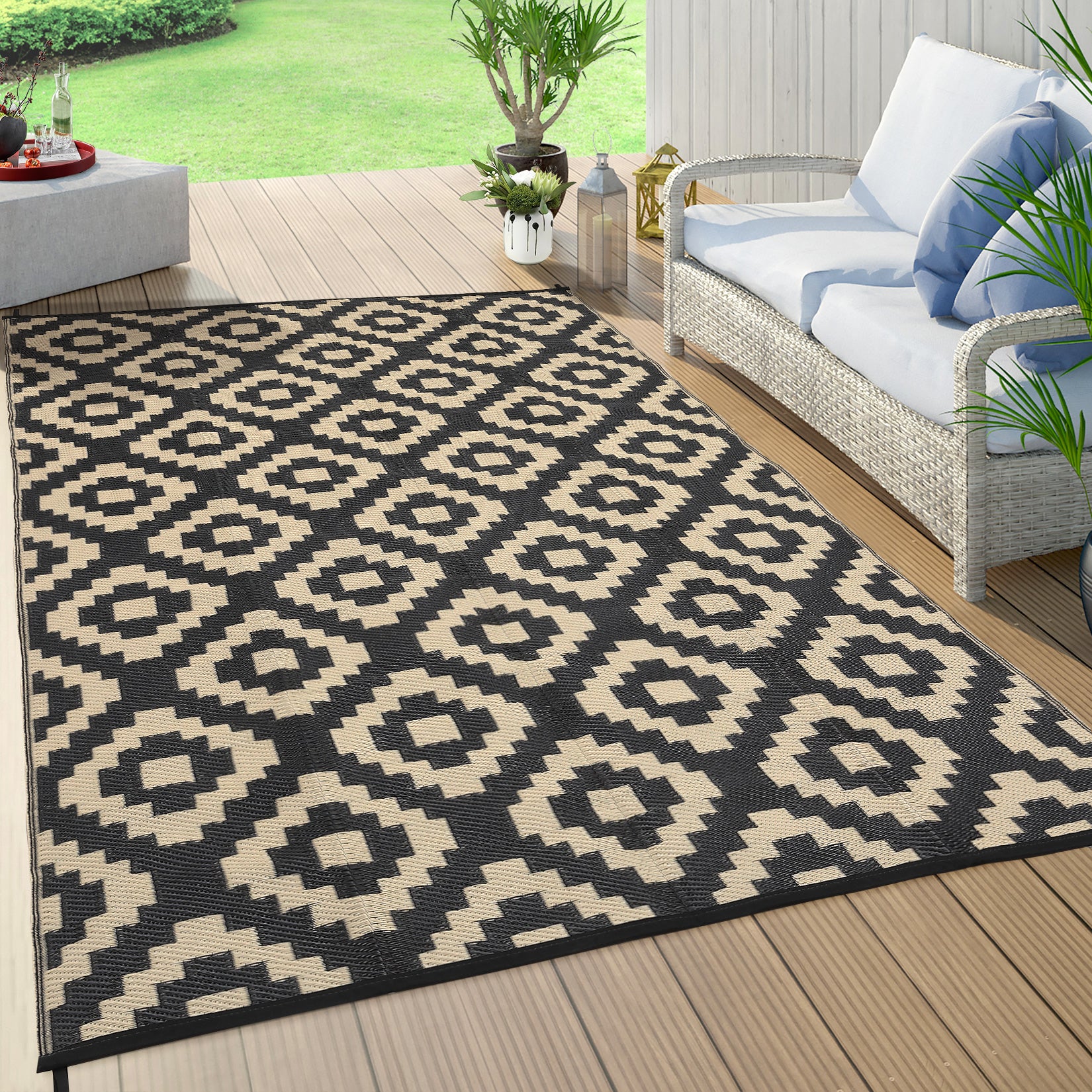 Garvee Outdoor Black & Coffee 9x18 Rug for Patios Waterproof Reversible Mats Plastic Straw Rug Modern Geometric Floor Mat for Patio Porch RV Backyard Pool Deck Picnic Beach Trailer Camping Diamond