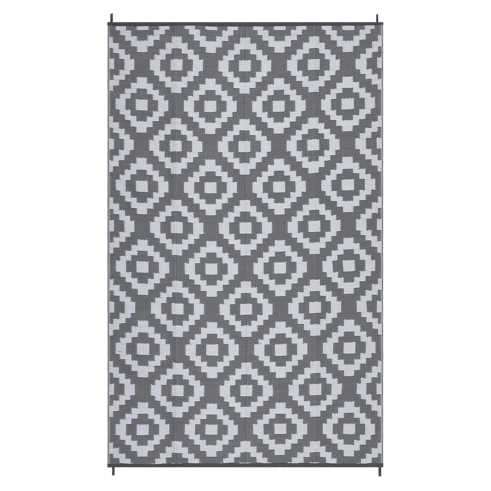 Garvee Outdoor Grey & White 9x18 Rug for Patios Waterproof Reversible Mats Plastic Straw Rug Modern Geometric Floor Mat for Patio Porch RV Backyard Pool Deck Picnic Beach Trailer Camping