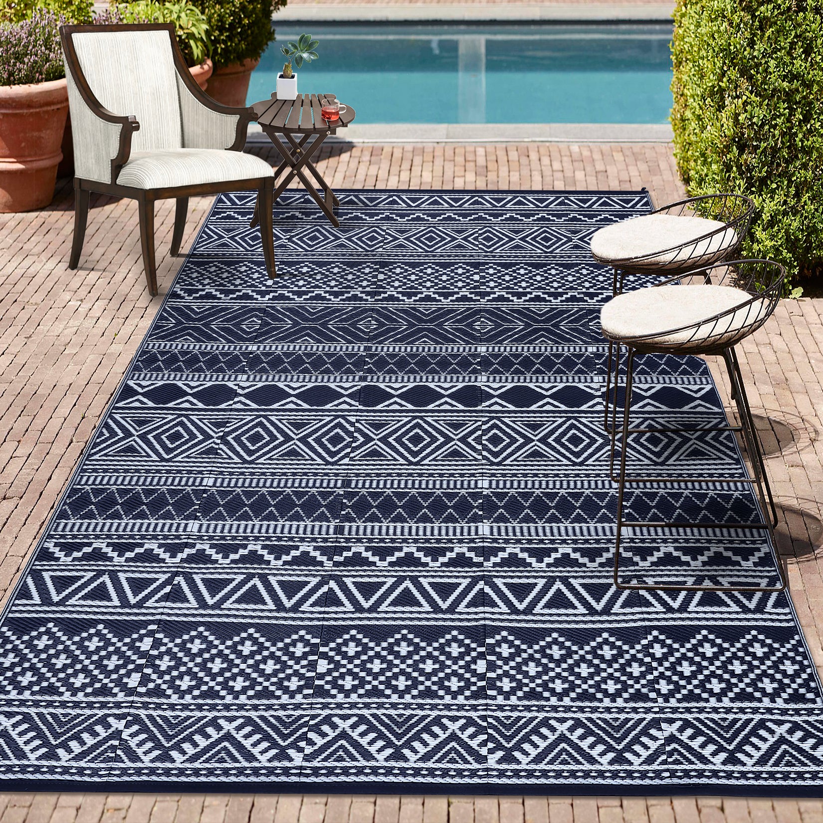Garvee Outdoor Navy Blue & White 6x9 Reversible Rug, Modern Bohemian Style, Weatherproof, Durable PP Plastic, Easy to Clean, Portable, Perfect for Patio, Deck, Backyard