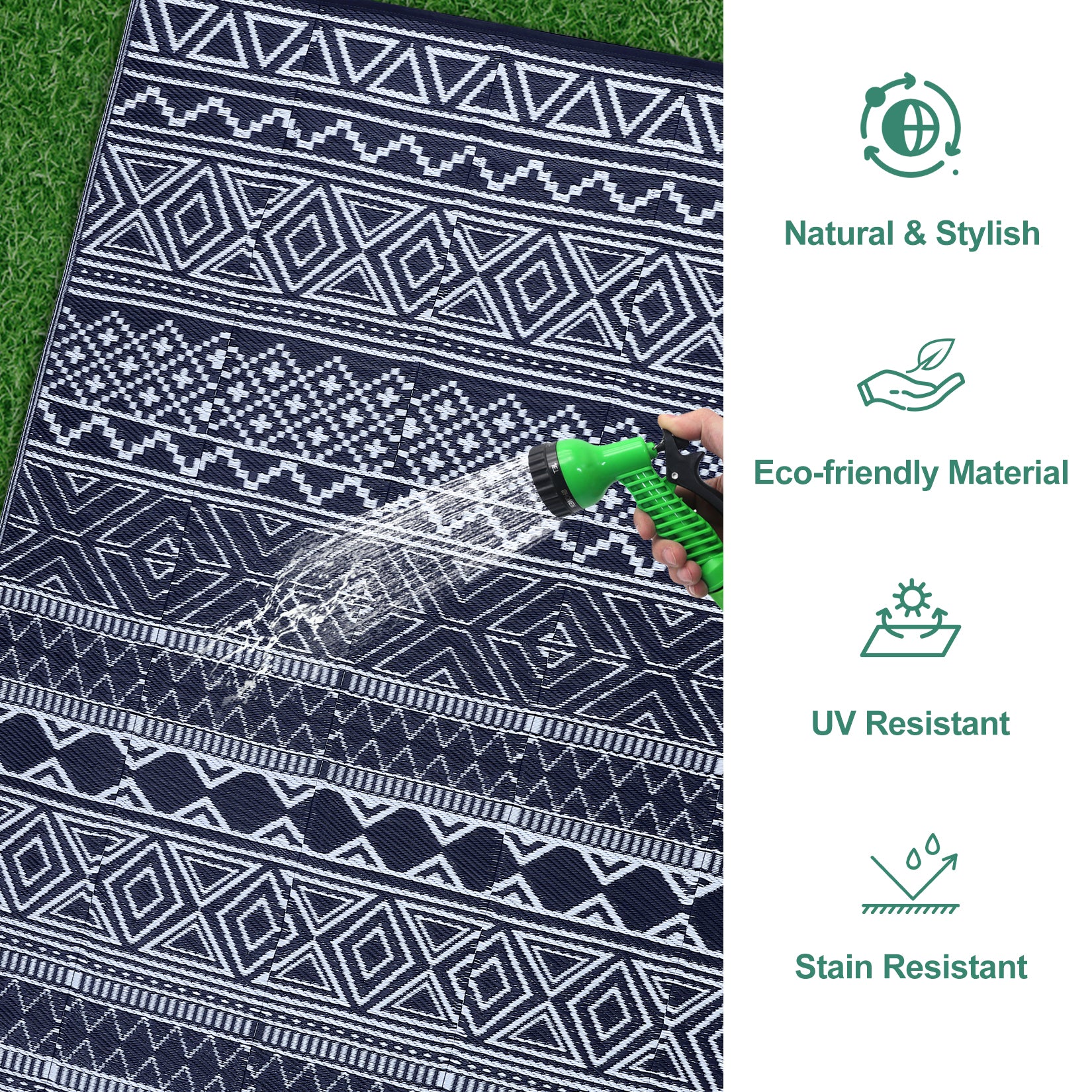 Garvee Outdoor Navy Blue & White 6x9 Reversible Rug, Modern Bohemian Style, Weatherproof, Durable PP Plastic, Easy to Clean, Portable, Perfect for Patio, Deck, Backyard